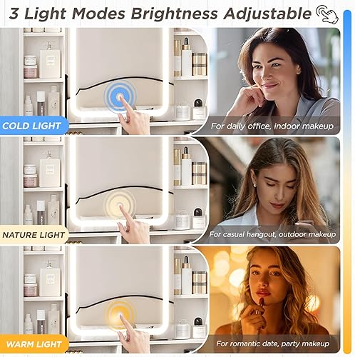 Miniatura 3 de Escritorio de tocador con espejo y luces, 41.7 pulgadas de ancho x 15.8 pulgadas de profundidad x 54.8 pulgadas de alto, mesa grande de tocador de