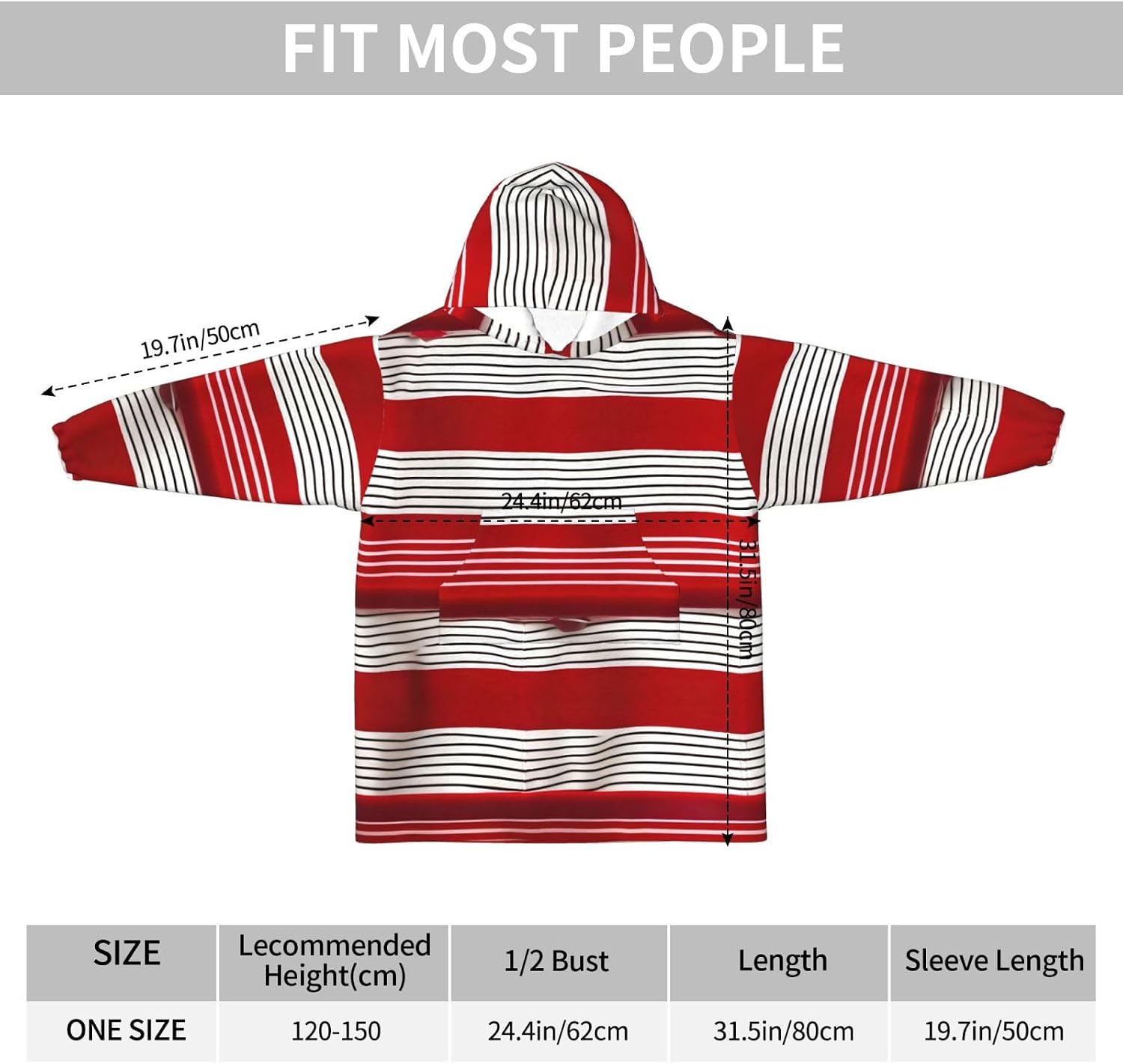 Red Stripe Print Oversized Blanket Hoodie, Wearable Blanket Hooded,Hooded Pullover With Pocket