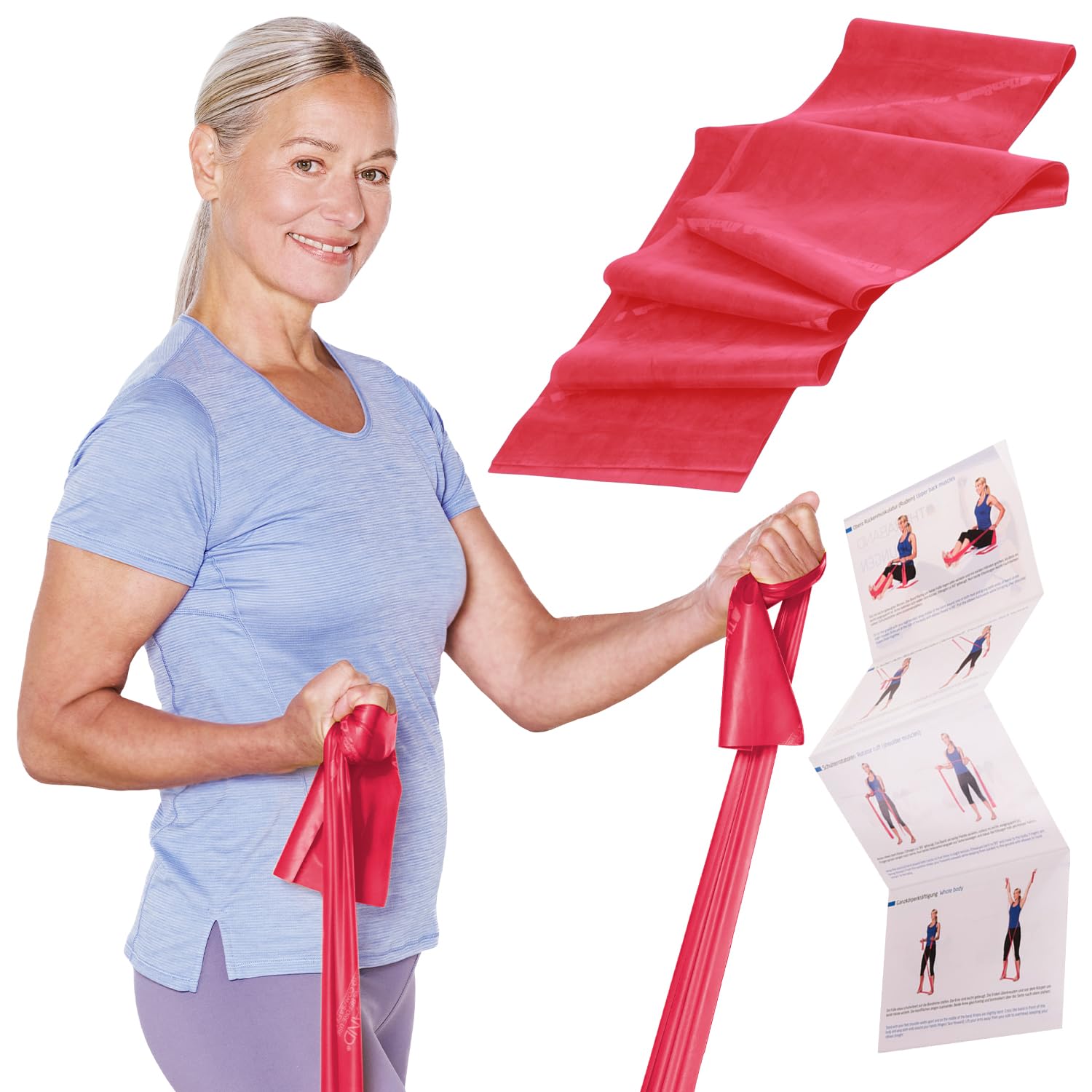 TheraBand 2,50m im PE Beutel mit Anleitung rot | Fitnessband | Gymnastikband | Stretchband für Ganzkörpertraining | Widerstandsband | Training Bands für Zuhause | Fitness Zubehör | 100% Naturlatex