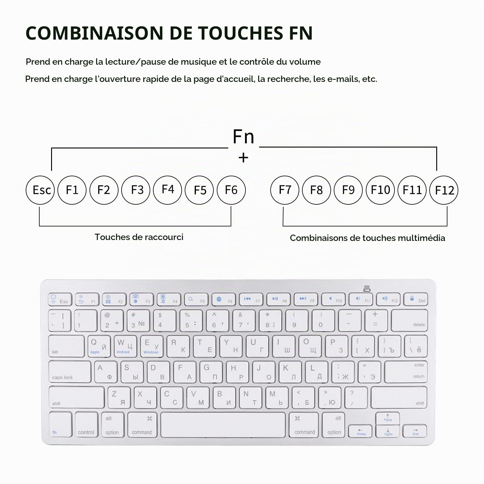 Clavier Russe Bluetooth, 78 Touches Bouton Flottant Ultra-Mince Clavier sans Fil Russe pour Mac, pour Android, pour - Argent Blanc