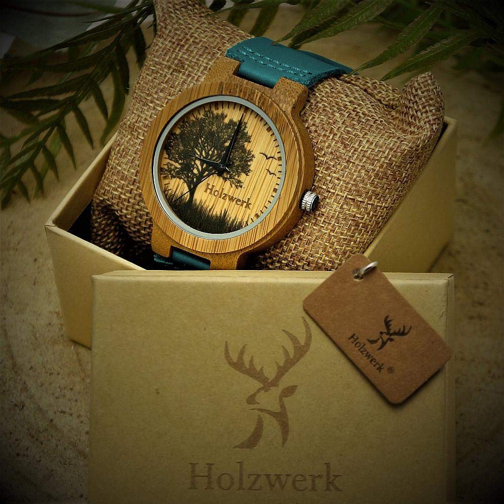 Holzwerk Germany Handgefertigte Designer Damen-Uhr Herren-Uhr Öko Natur HolzUhr Leder Armband-Uhr Save the Trees Analog Quarz Braun Blau Türkis Baum Biene Natur Motiv Limitiert