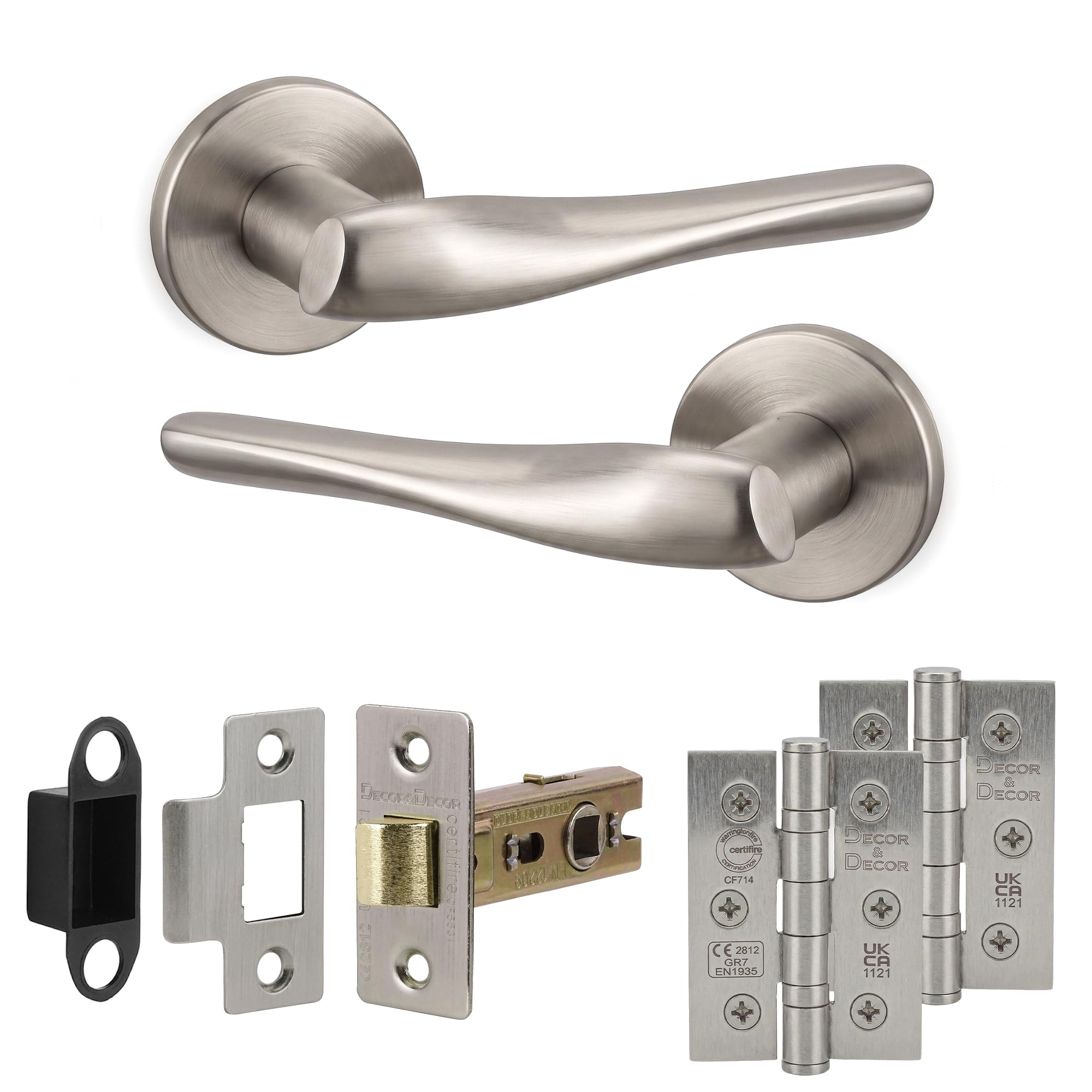 Decoranddecor Satin Nickel Interior Door Handle Set with Fire Rated Tubular Mortice Latch, Aluminum Construction, Nanda Range