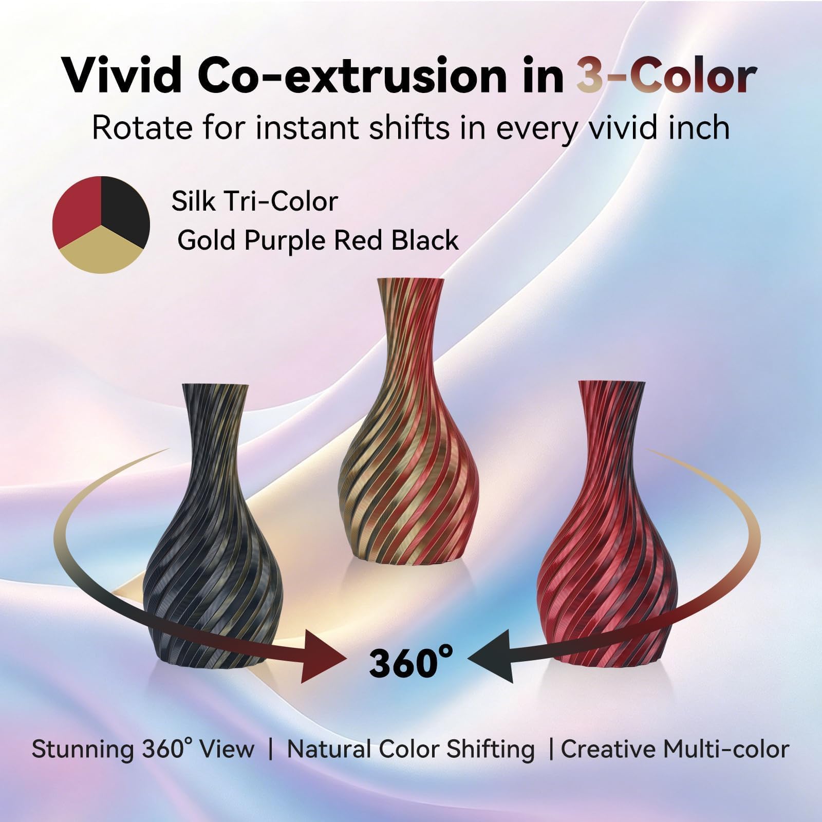 Kingroon Filamento PLA para impresora 3D, filamento PLA de seda de triple color, precisión dimensional +/- 0.03 mm, carrete de 2.2 libras (2.2 libras), 1.75 mm, dorado fucsia negro