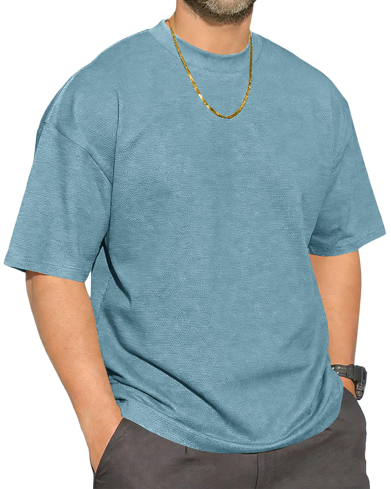 Herren Waffler T-Shirt Rundhals Tees Basic Kurzärmelig Oberteile Lässig Hemd Baumwolle Leichtes Weich Stretch