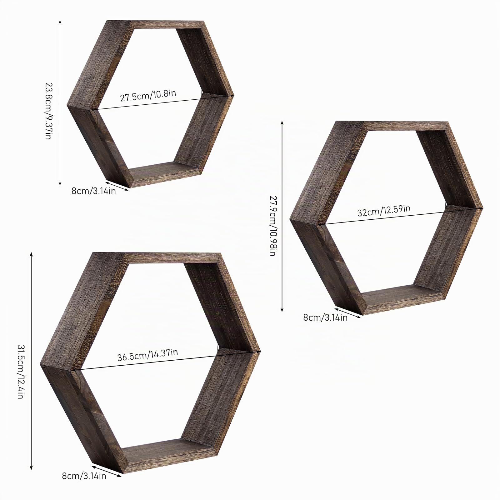 Wandregale Holz 6er Set Hexagon Schwebendes Regale für Deko, Bücher, Aufbewahrung und Organisation, Rustikale Wand Regal Wanddeko Wandregal Schwebend für Wohnzimmer & Schlafzimmer Wände