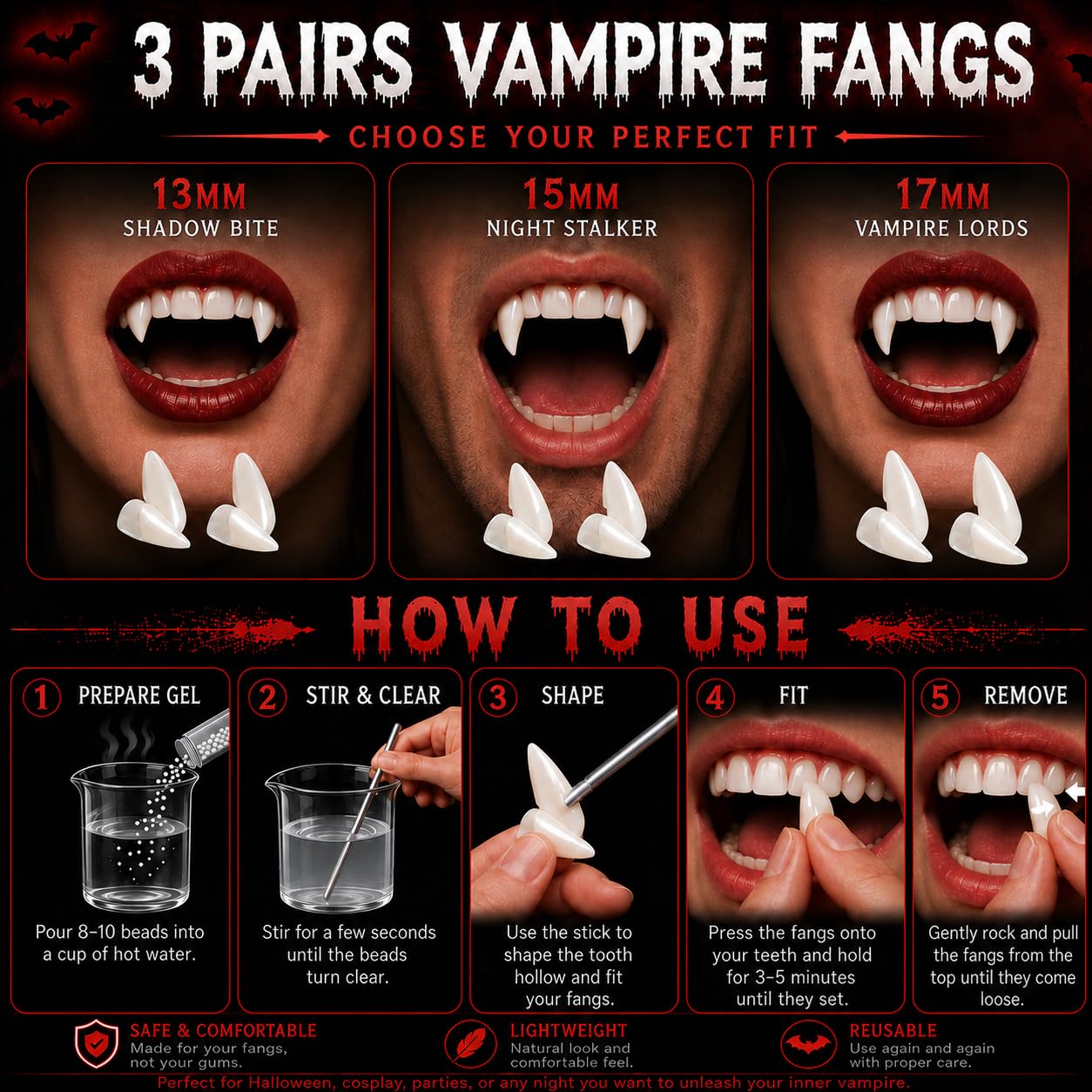 Halloween Fake Blood SFX Makeup Kit,12 PCS Horror Fangs+2.1oz Fake Blood Spray+2.1oz Dripping Blood+1.05oz Coagulated Gel Blood,Realistic Effects Washable,for Clothes,Zombie Vampire Monster