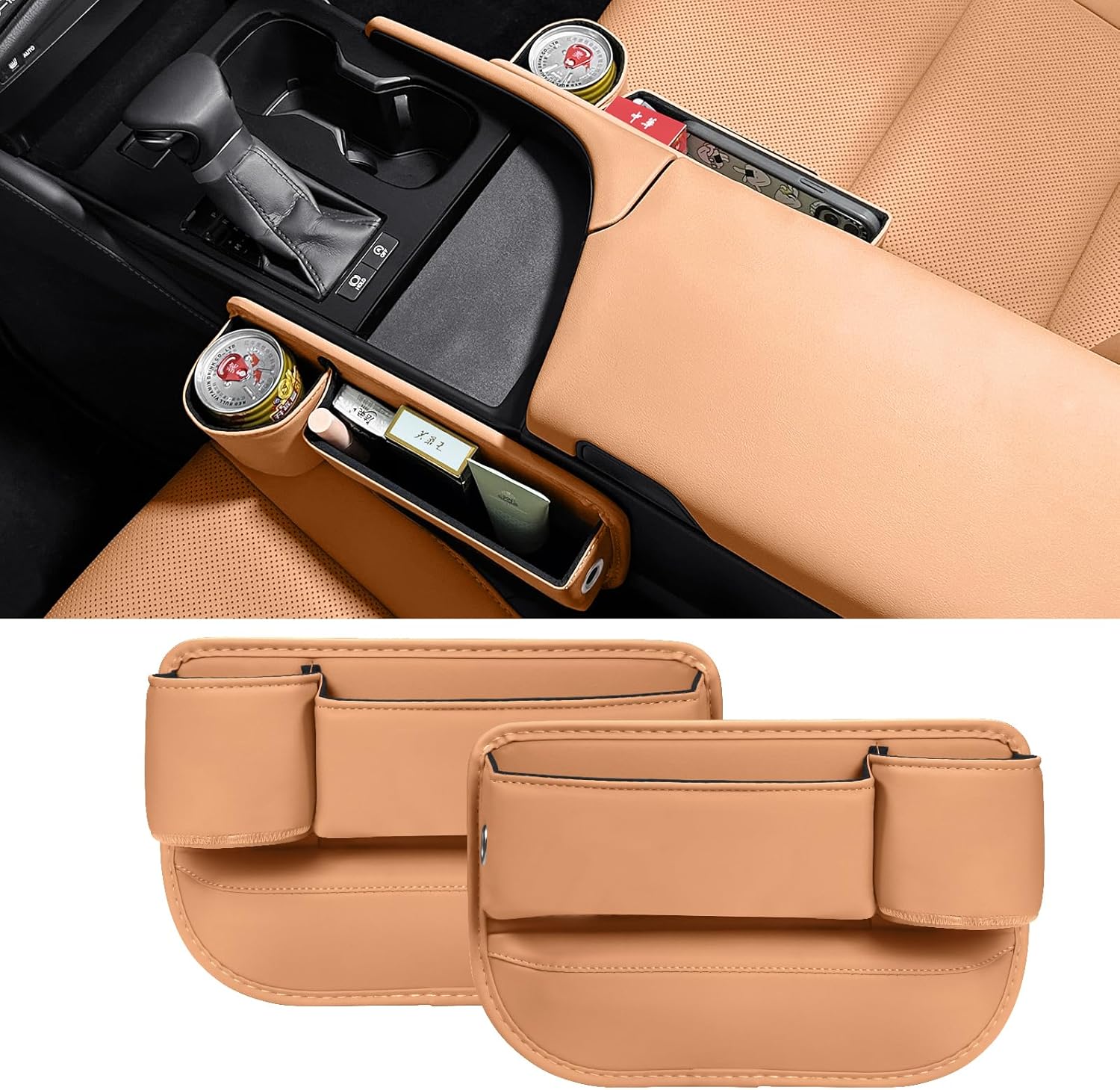 Car seat gap filler, for Lexus ES RX NX GS car seat gap storage organizer, premium synthetic leather front seat adjustable gap filler, mobile phone, glasses, wallet, key car seat storage box Cup storage box/brown/2PC