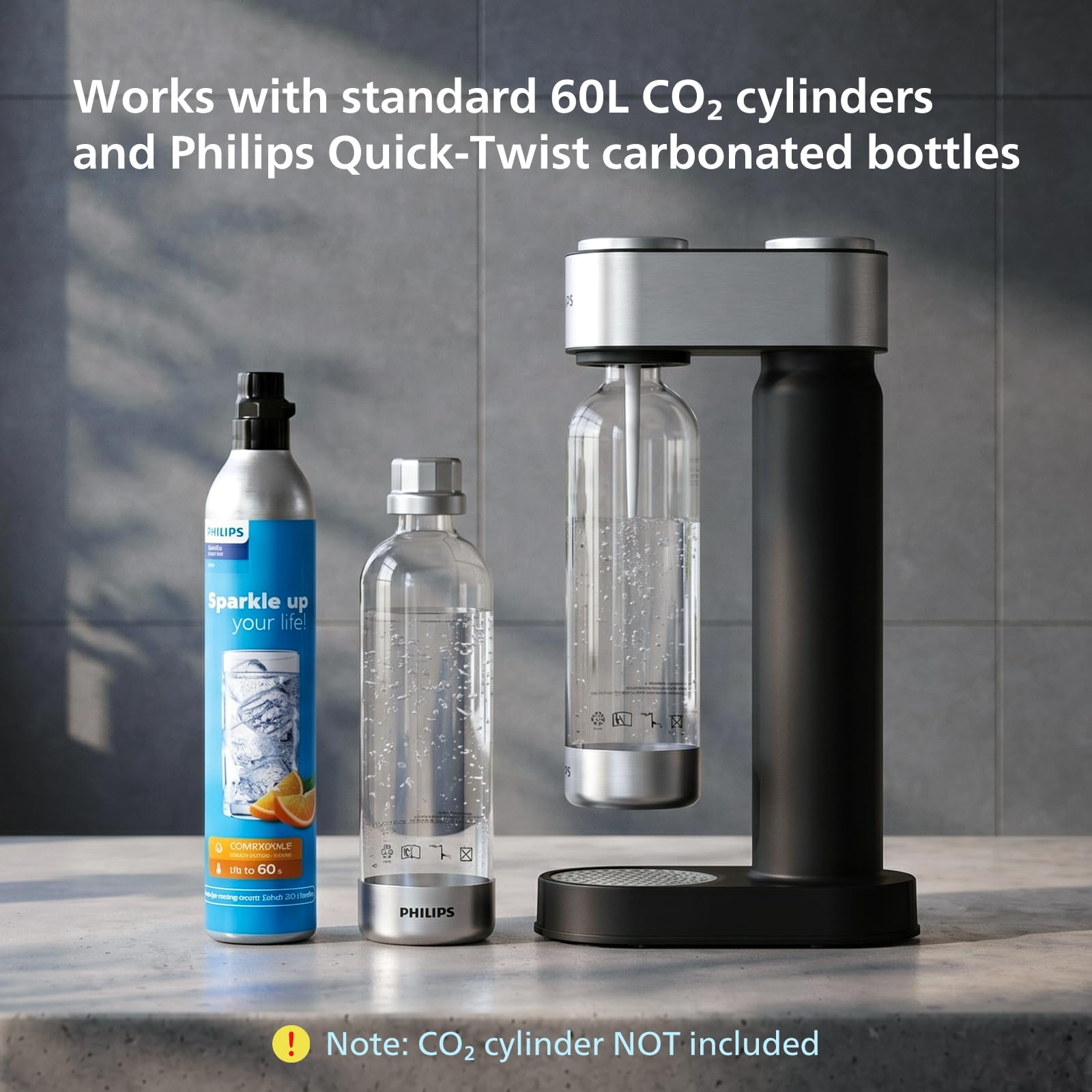 Philips Machine à eau pétillante en acier inoxydable pour la maison avec bouteille de gazéification en PET sans BPA de 1 L, compatible avec n'importe quel gazéificateur de CO2 à visser de 60 L (non