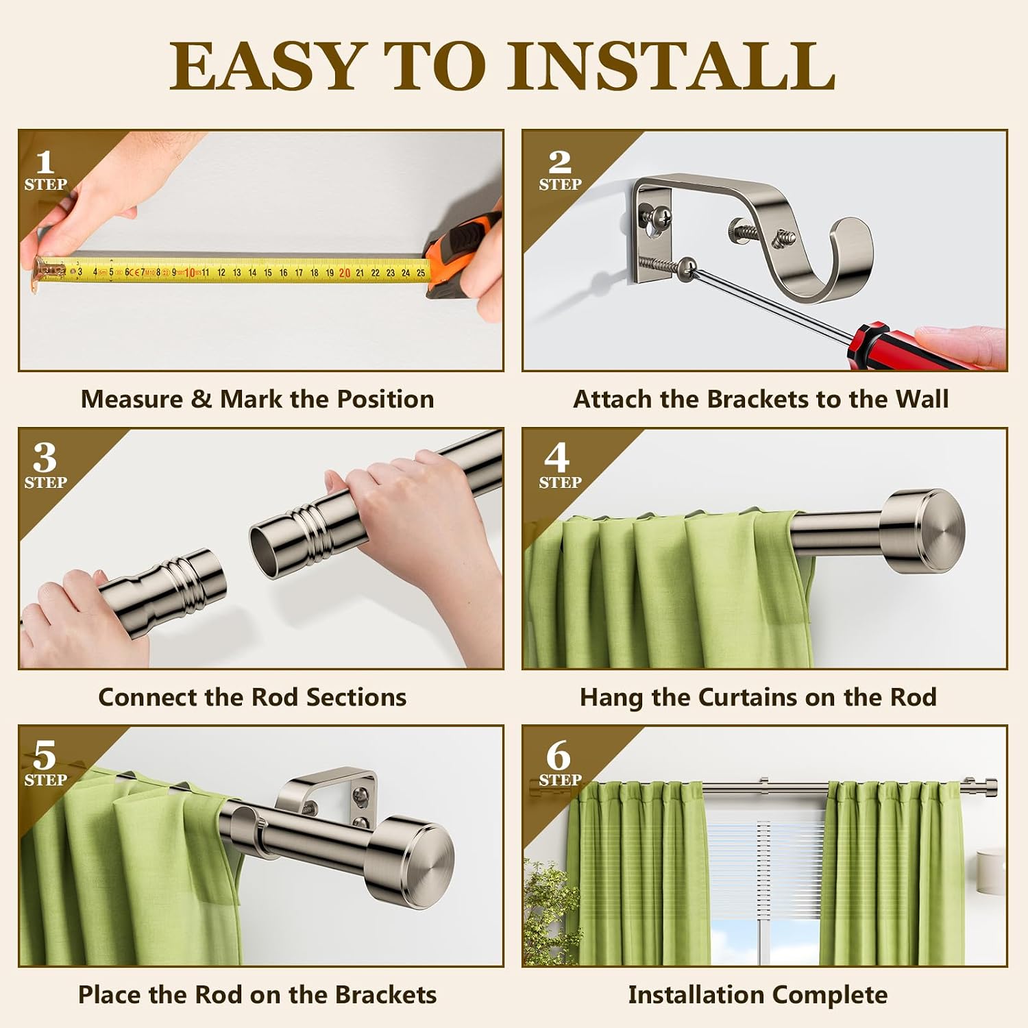 Curtain Rods for Windows 32-96 Inch, 1 Inch Adjustable Nickel Curtain Rod Set with Brackets, Easy Install