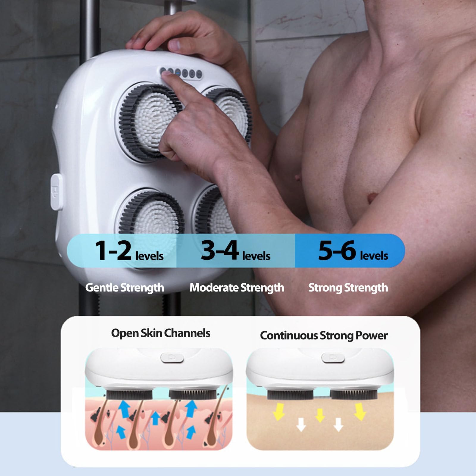 Elektryczna szczotka do kąpieli, inteligentny montaż ścienny, automatyczny obrót o 360°, 6 poziomów intensywności, 3 tryby czyszczenia, wodoodporność IPX6 do czyszczenia i masażu