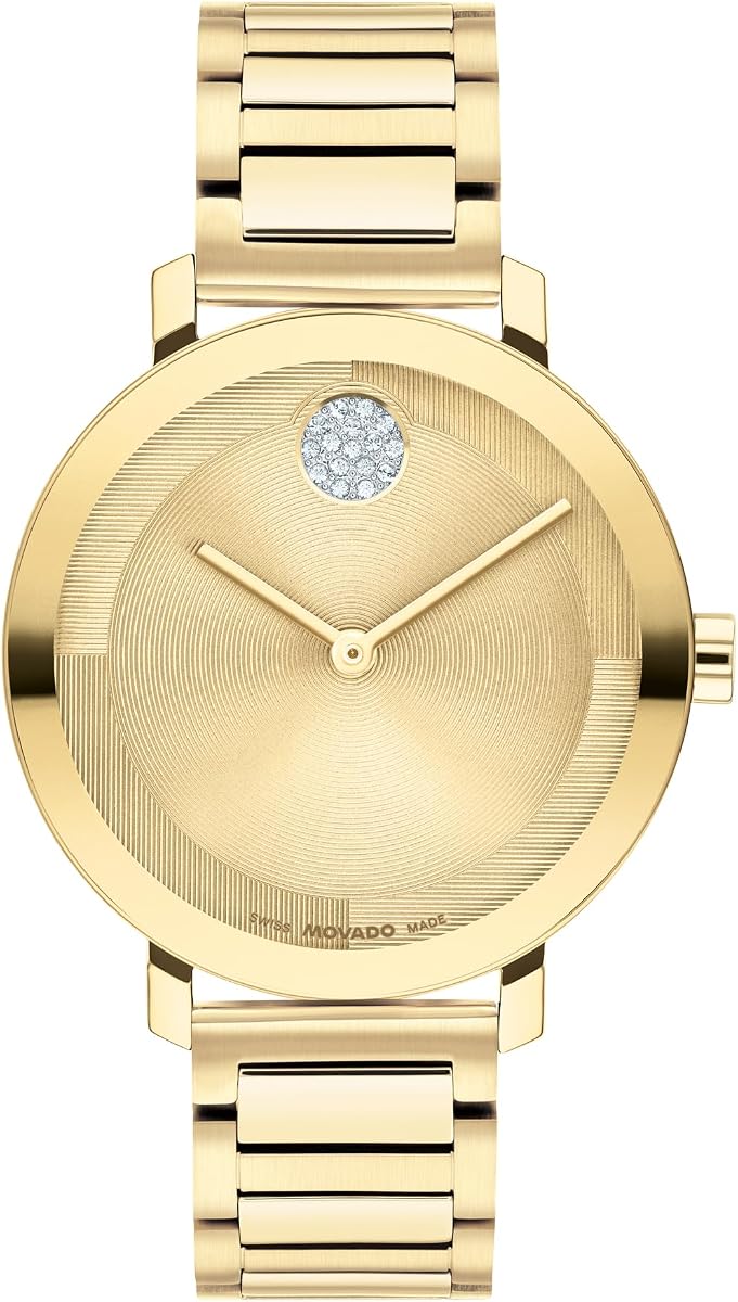 Reloj Movado Bold para mujer, chapado en oro, con engaste de cristal, movimiento de cuarzo suizo, reloj de lujo resistente al agua hasta 3 ATM, regalo para ella, 34 mm