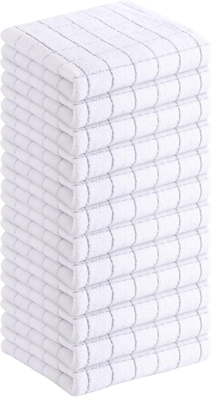 Homaxy 100% Cotton Terry Kitchen Towels(White, 13 x 28 inches), Checkered Designed, Soft and Super Absorbent Dish Towels, 4 Pack