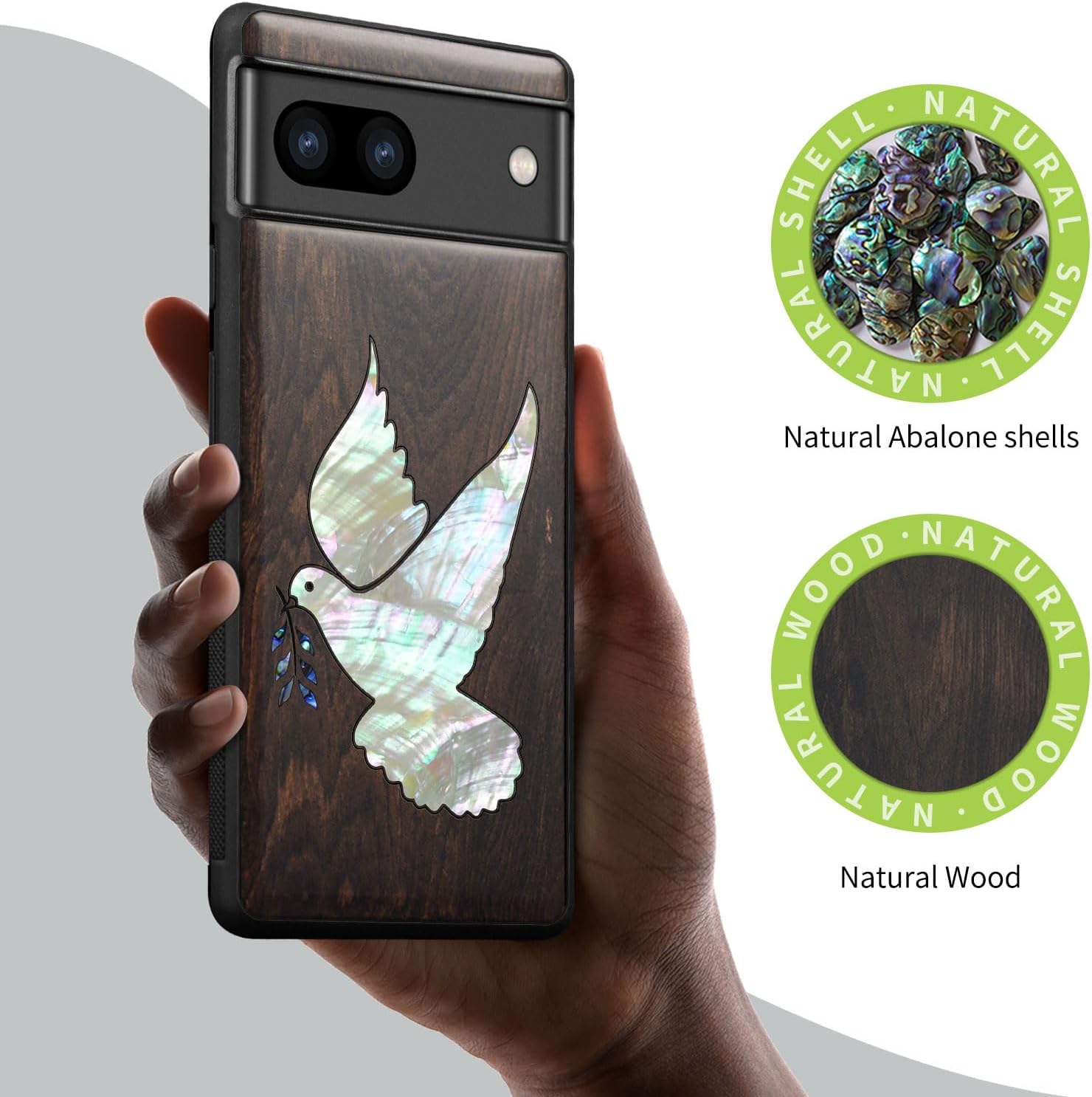 Carveit Designer Wooden Case for Google Pixel 8 Case Protective Cover [Wood Engraving & Shell Inlay] Compatible with Wireless Chargers Pixel 8 (White-Dove-Blackwood)