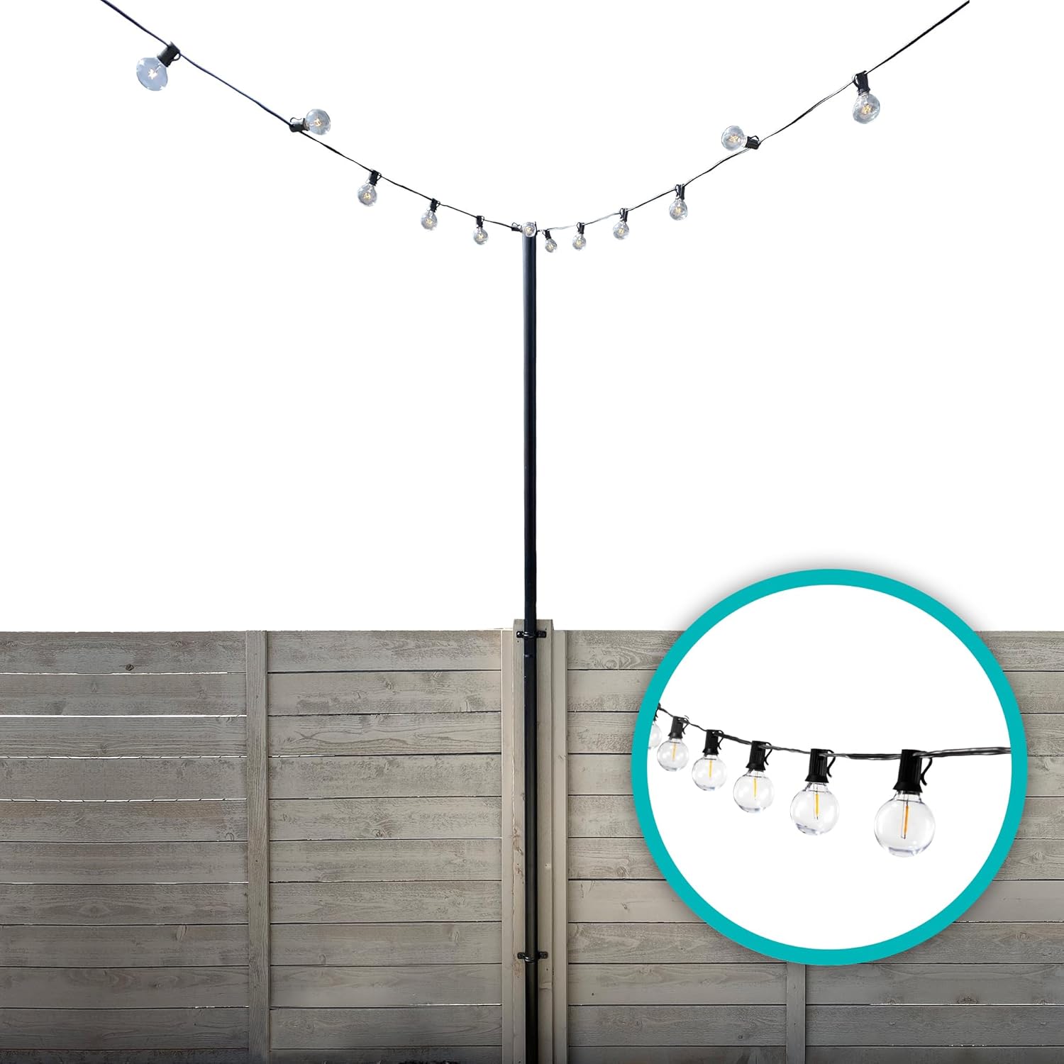 Outdoor String Light Pole Stand and 25ft String G40 Bistro String Lights - 9.5 Feet, Black, Weather Resistant Powder Coated Steel - Mount to Fence, Wall with Mounting Brackets