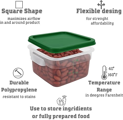 Miniatura 3 de Paquete de 4 recipientes translúcidos para almacenamiento de alimentos con tapas verdes, polipropileno cuadrado de 2 cuartos de galón sin BPA, grado