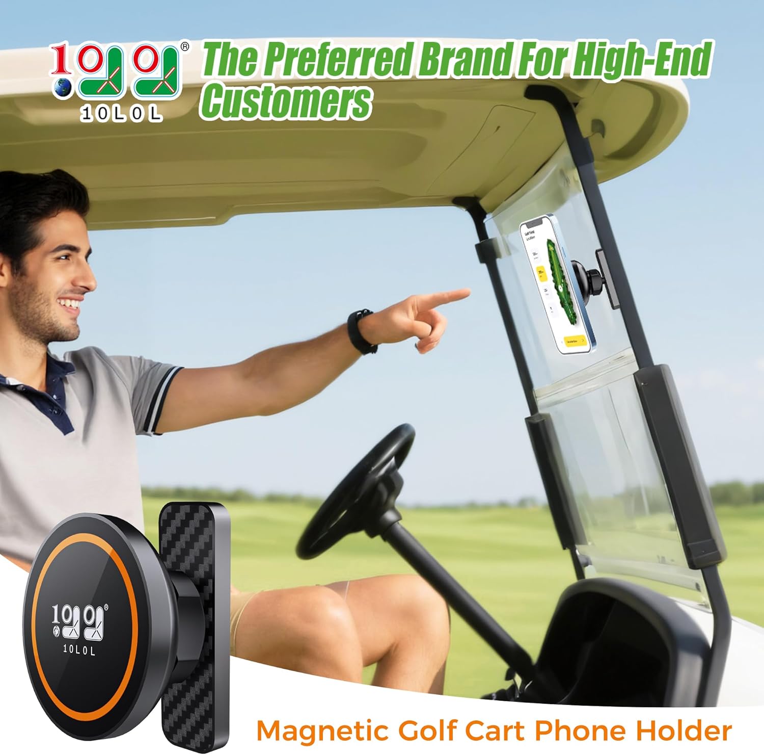 10L0L Magnetic Golf Cart Phone Holder for MagSafe iPhone 16/15/14/13/12, 360° Rotatable, One-Hand Operation, Fits Yamaha/EZGO/Club Car - Includes Free Golf Accessory Clip (Black)​​
