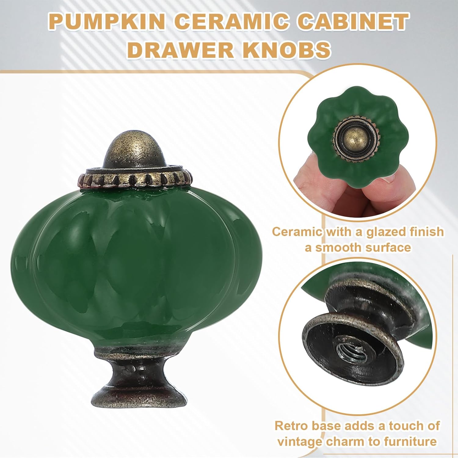 uxcell 6 Packs Ceramic Knobs, Pumpkin Ceramic Cabinet Drawer Knobs Retro Decorative Dresser Pulls Handle with M4 x 25mm Mounting Screw for Closet Drawer Cupboard Wardrobe, Dark Green