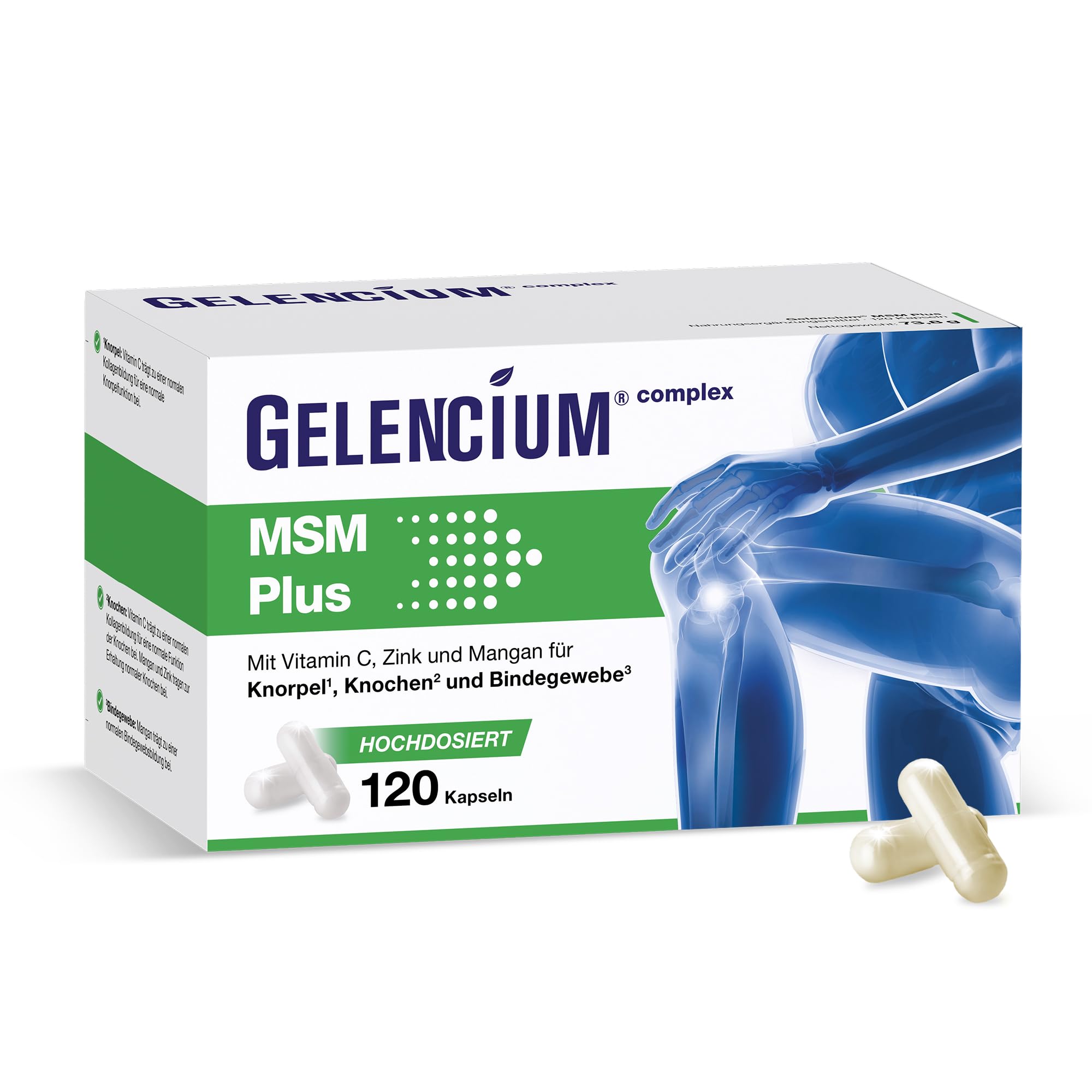 Gelencium MSM Plus hochdosiert – 2.000 mg MSM aus Kiefern – 120 Kapseln | Mit Vitamin C für die Kollagenbildung (Knorpel & Knochen) · 2.000 mg MSM aus Kiefern pro Tagesdosis · Plus Zink & Mangan