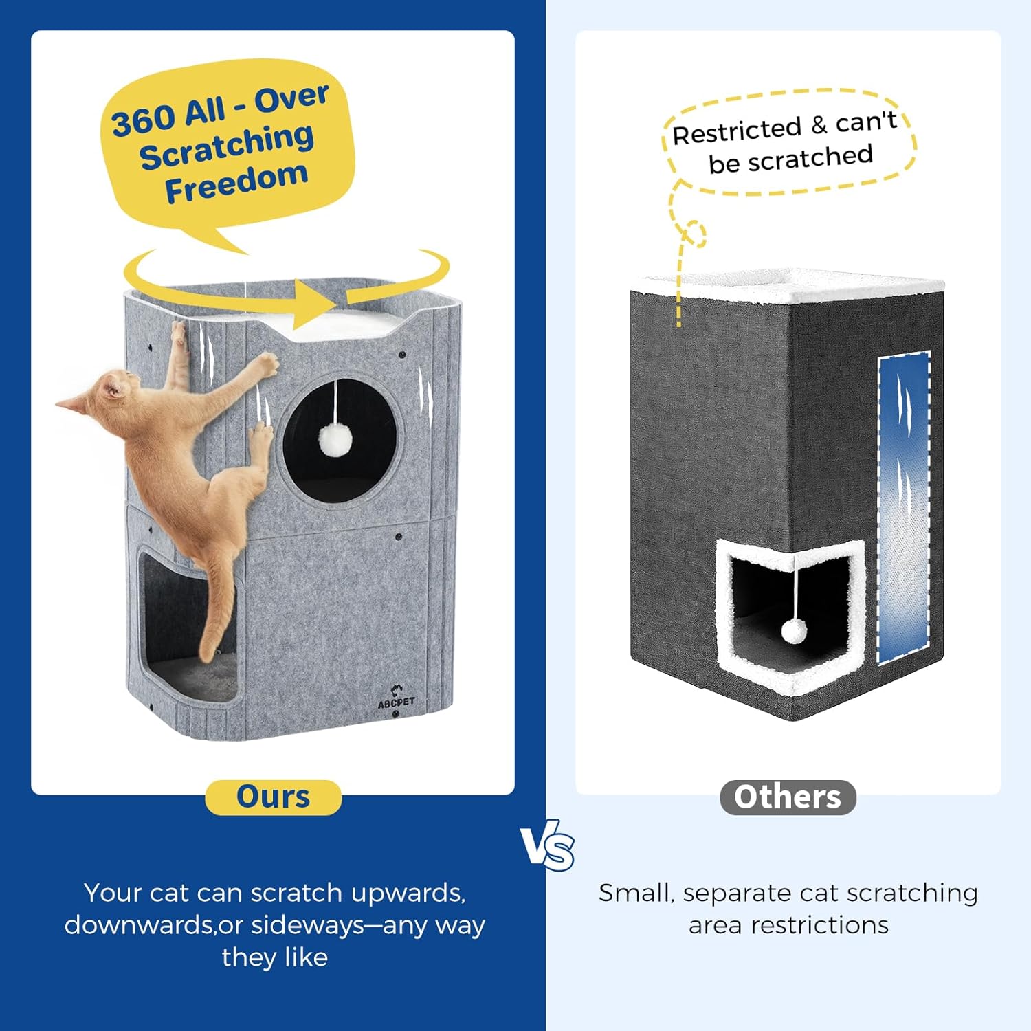 ABCPET Cat House for Indoor Cats, Cat Condo Cat Bed Cave, Felt Cats Hideaway Condo with Resistant Scratching Freedom Kitten Cube & Hanging Ball, Gray
