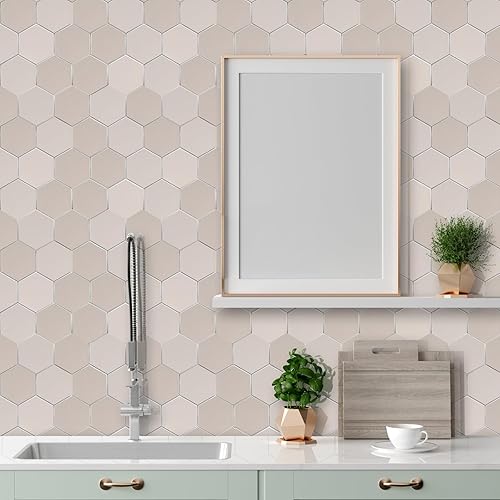 Miniatura 3 de Azulejos hexagonales gruesos para despegar y pegar, nueva actualización de color beige brillante y mate, resistente al agua, azulejos de mármol