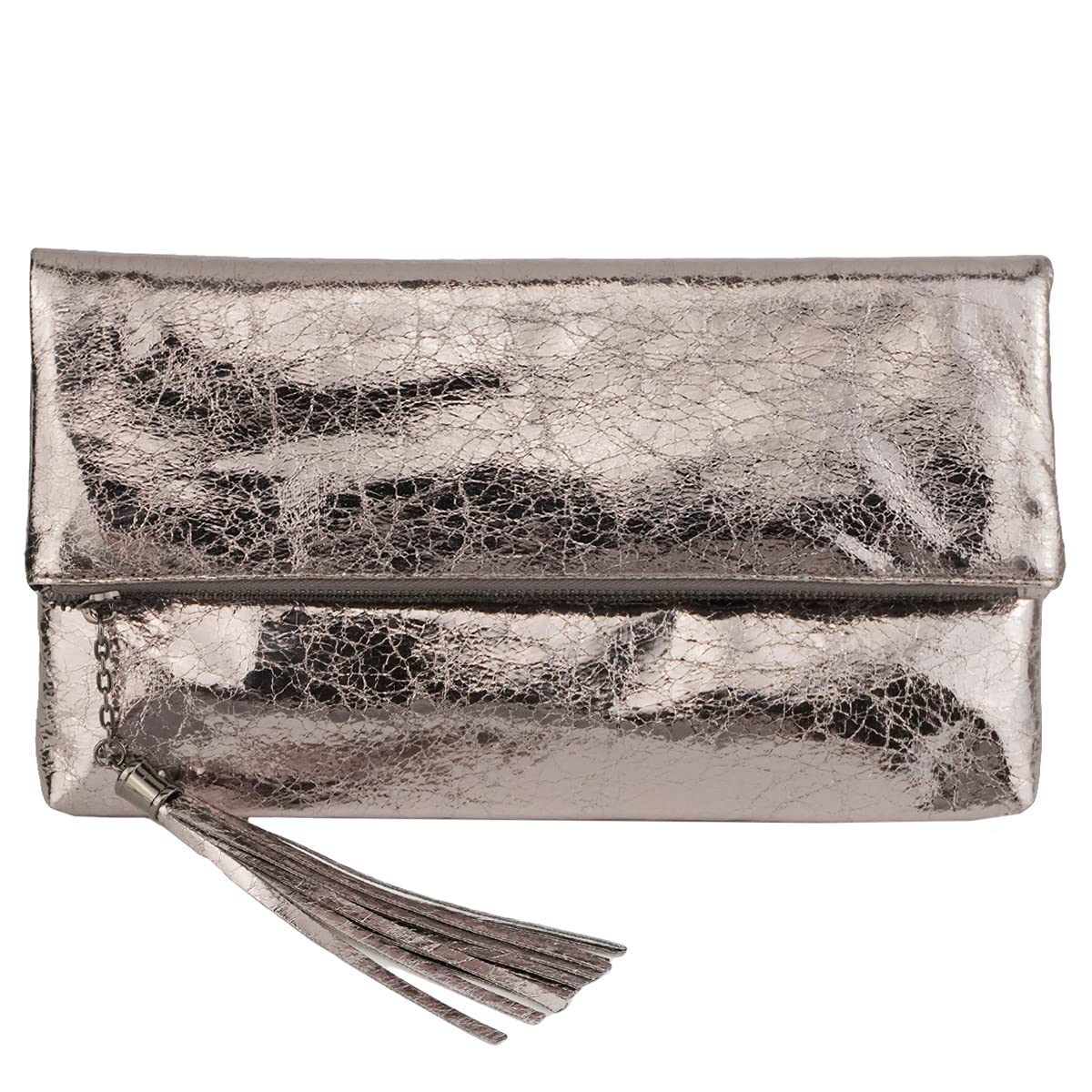 JNB Women's Cracked Metallic Fabric Foldover Clutch with Tassel