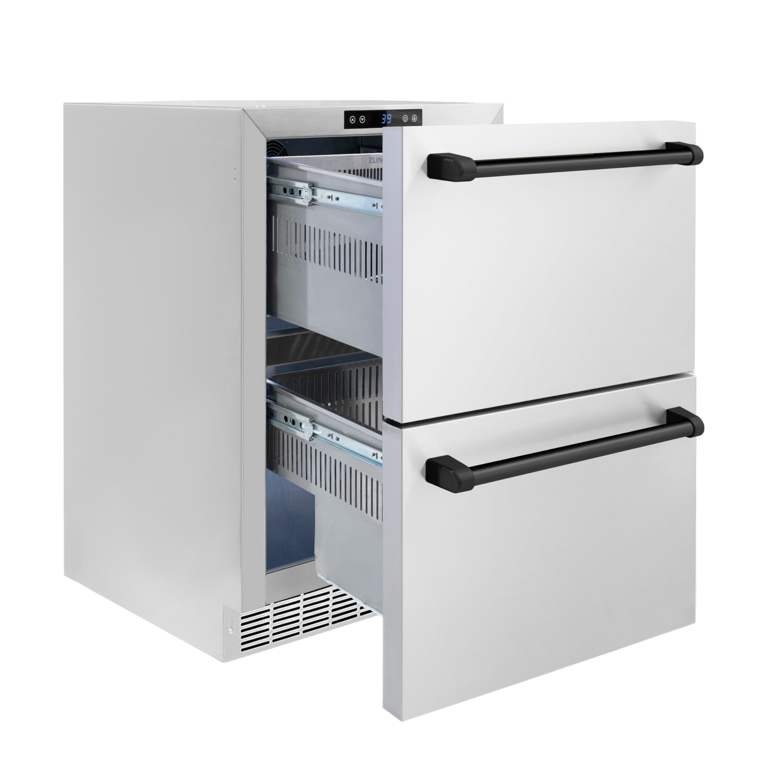 ZLINE Autograph Edition 24 in. Touchstone 168 Can Outdoor-Rated Dual Refrigerator Drawer with Stainless Steel Doors and Matte Black Handles (RDSOZ-ST-24-MB) on Fridge.com
