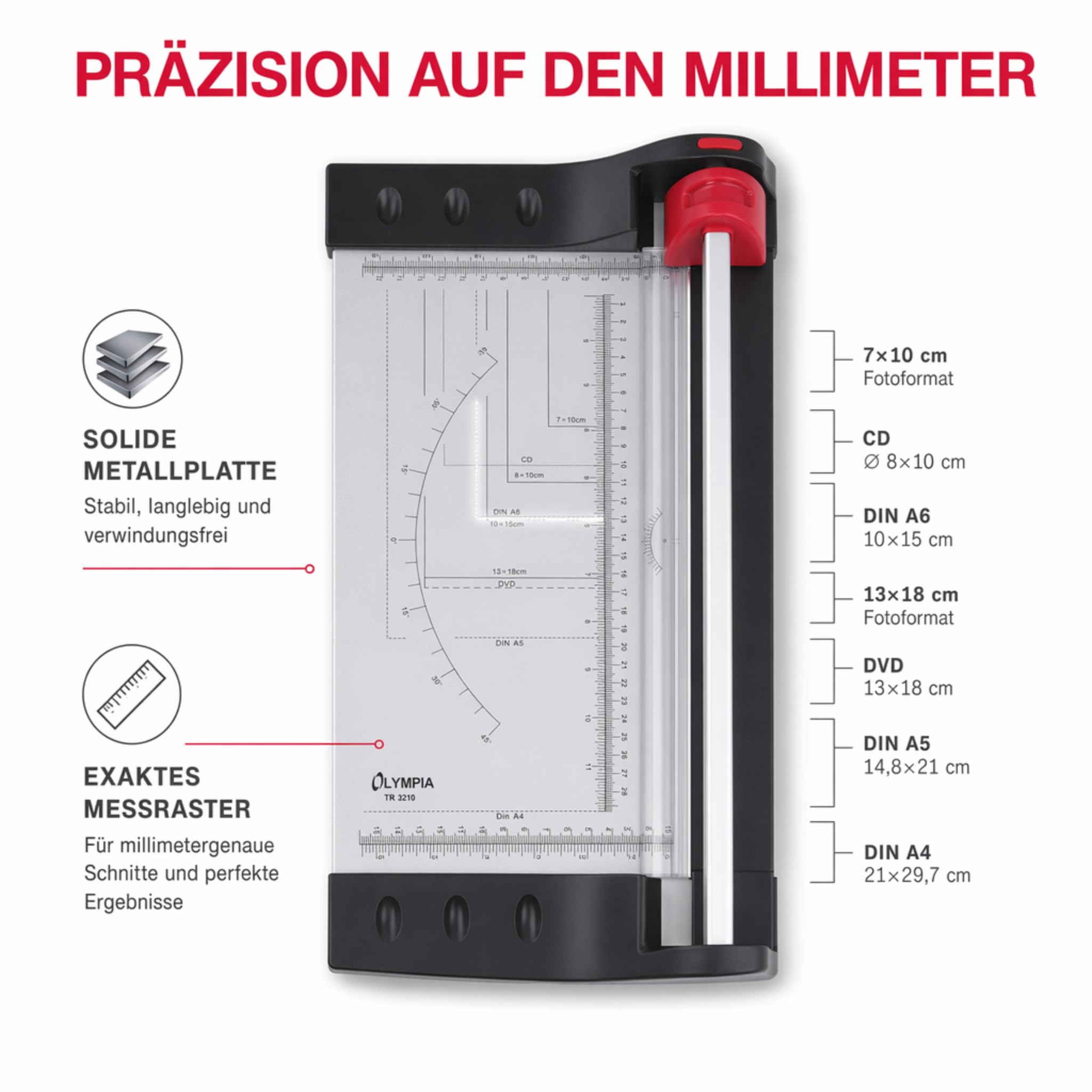 Olympia TR 3210 Rollenschneider A4 bis zu 10 Blatt Solide Metallplatte als Papierauflage | Ideal für Bastelarbeiten im Büro. Die kompakte Papierschneidemaschine mit sicherem Rundmesser eignet sich perfekt für Fotos