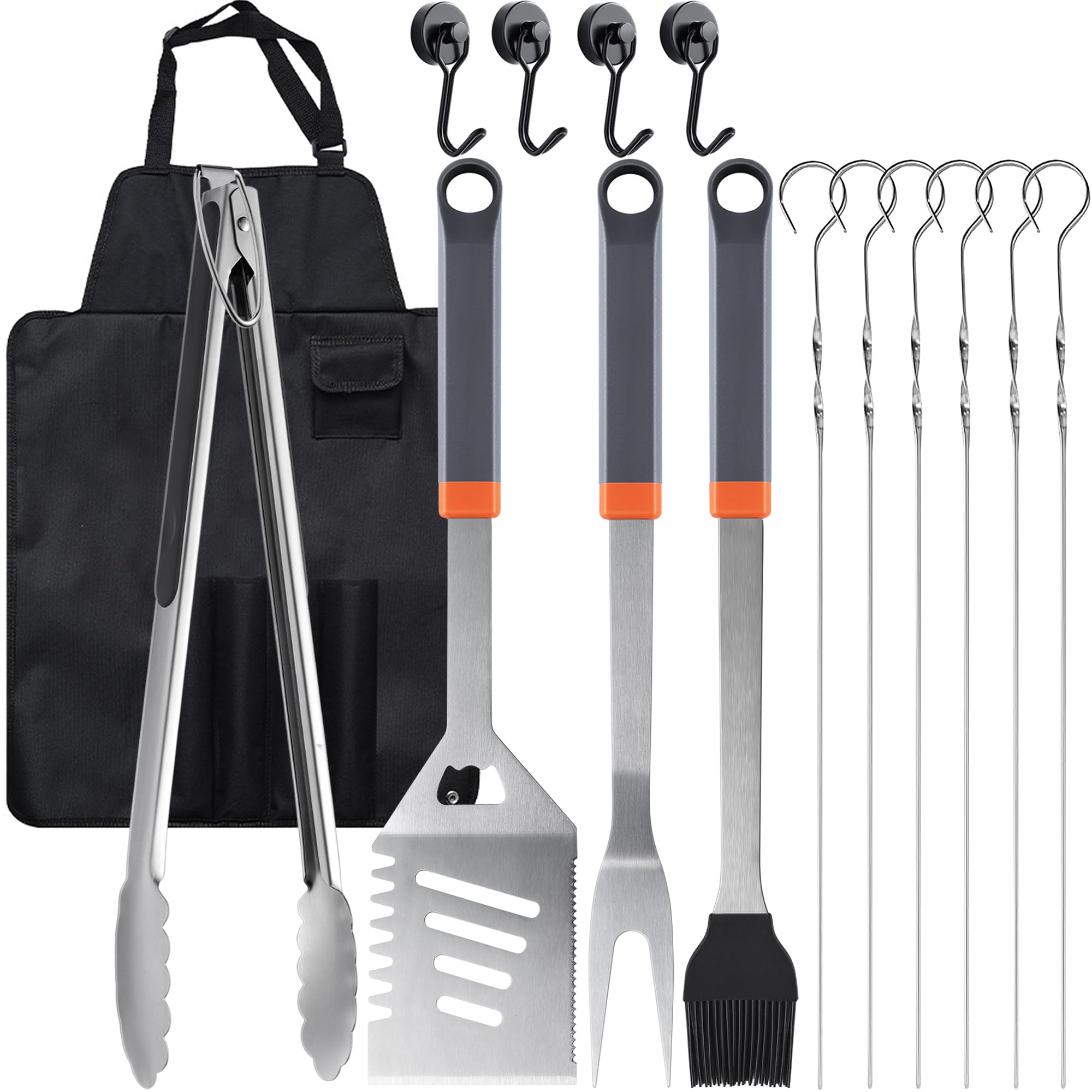 15 Stück Edelstahl BBQ Grillwerkzeuge Set, Premium BBQ Grillzubehör mit Haken & Aufbewahrungsschürze für Outdoor Grill, Kochen, Camping, Vatertag Grillen Geschenke für Männer Papa