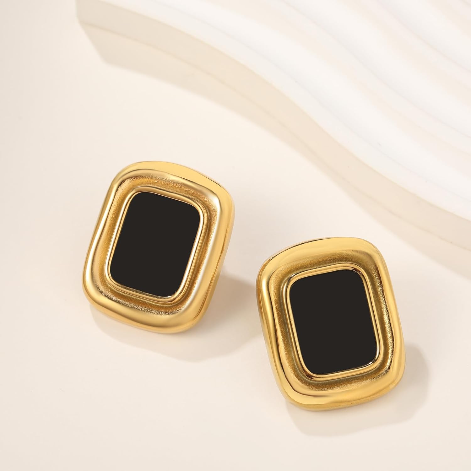 Chunky Black and Gold Earrings for Women,Vintage Square Earrings, 18K Gold Plated Black Statement Earrings, Hypoallergenic Stainless Steel,Geometric Jewelry Gift for Her Non Tarnish - Image 3