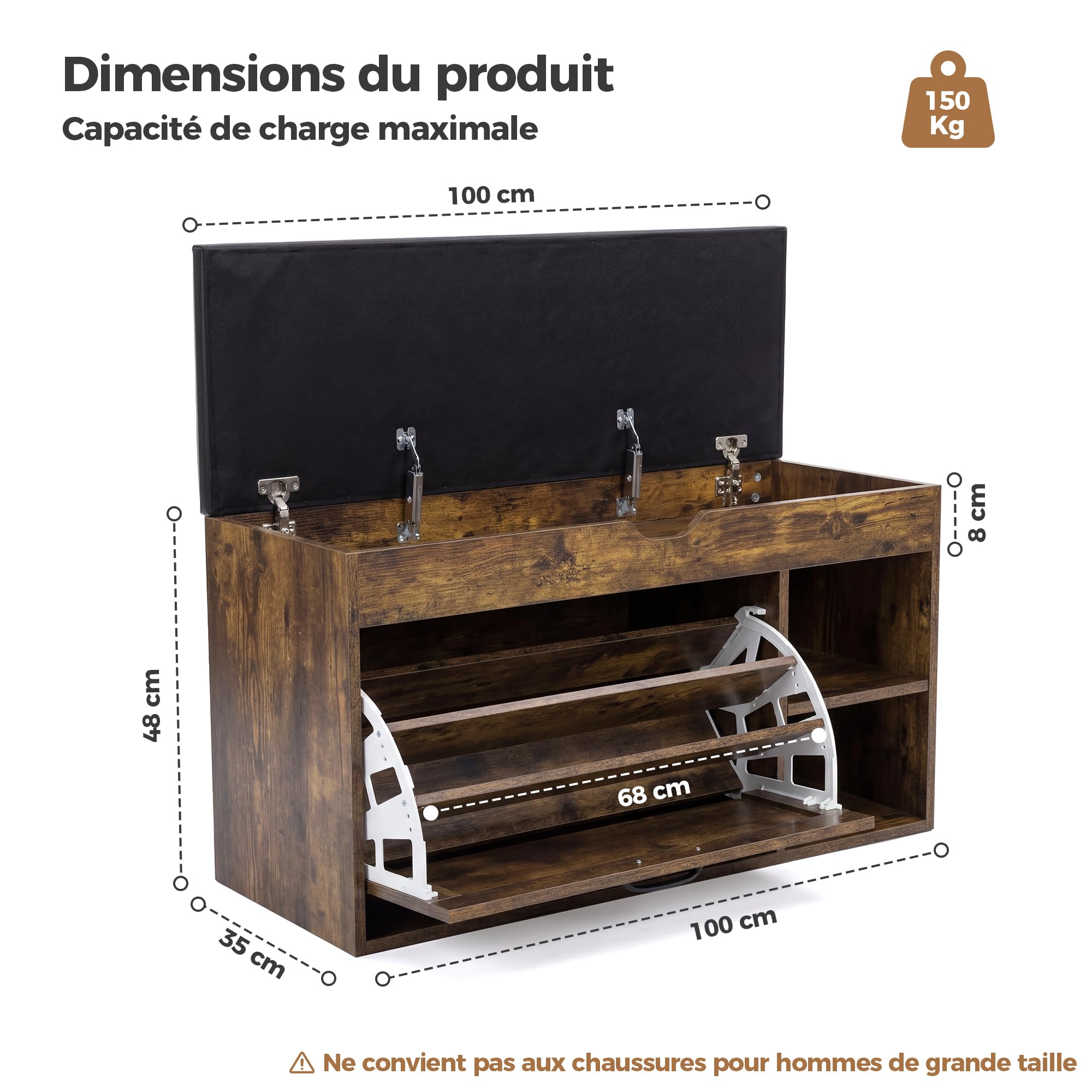 BonVache Banc à Chaussures avec Assise, Banc à Chaussures à 3 Compartiments avec Compartiment de Rangement, étagères réglables, étagère Salon ou l'entrée, Charge maximale de 150 kg, Marron Vintage