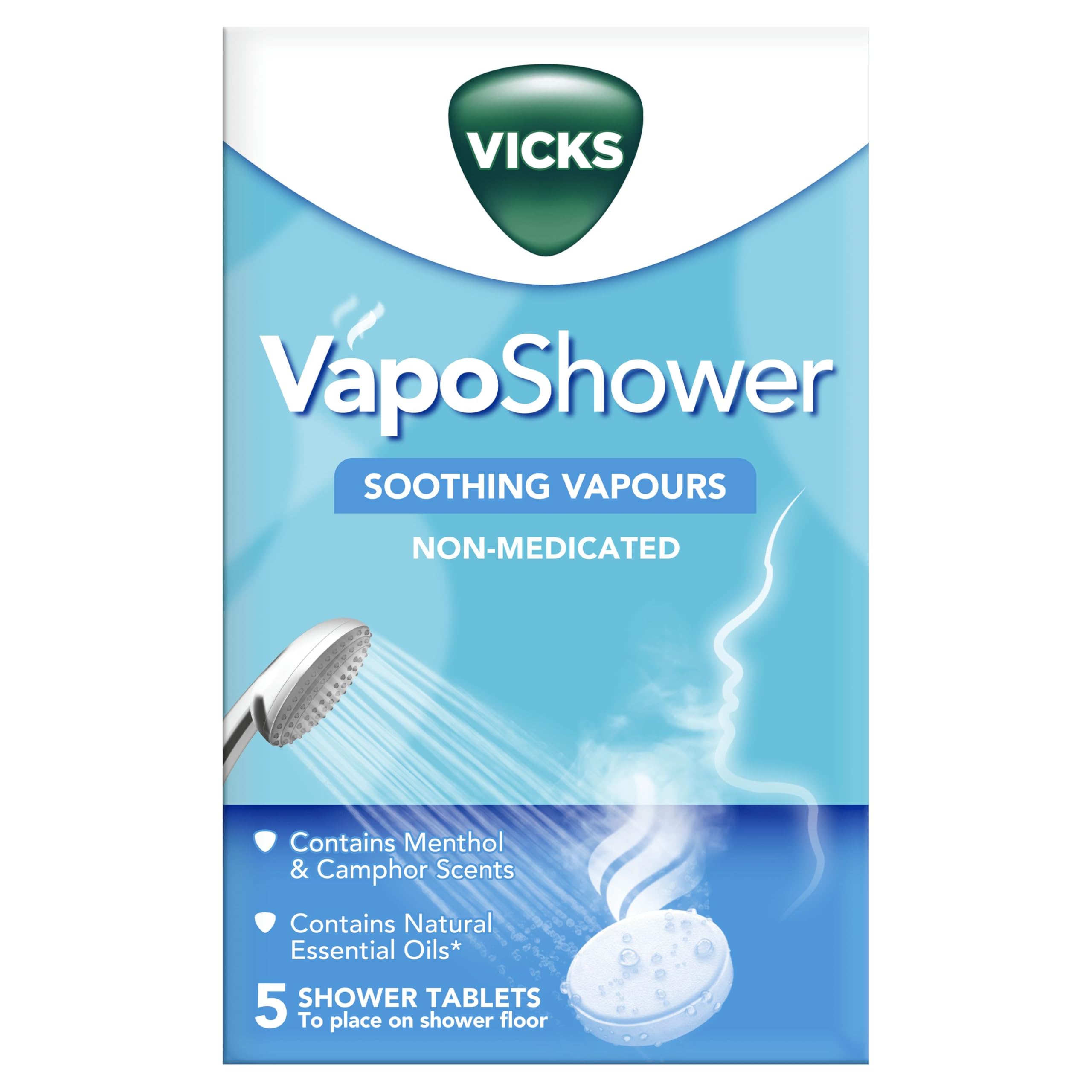 VICKS Vapo Shower - Shower Tablets With Soothing Vapors – Infused With Menthol and Camphor Scents– Contains Natural Essential Oils: Eucalyptus, Nutmeg and Cedar Leaf – Non Medicated Vapors - 5 Tablets