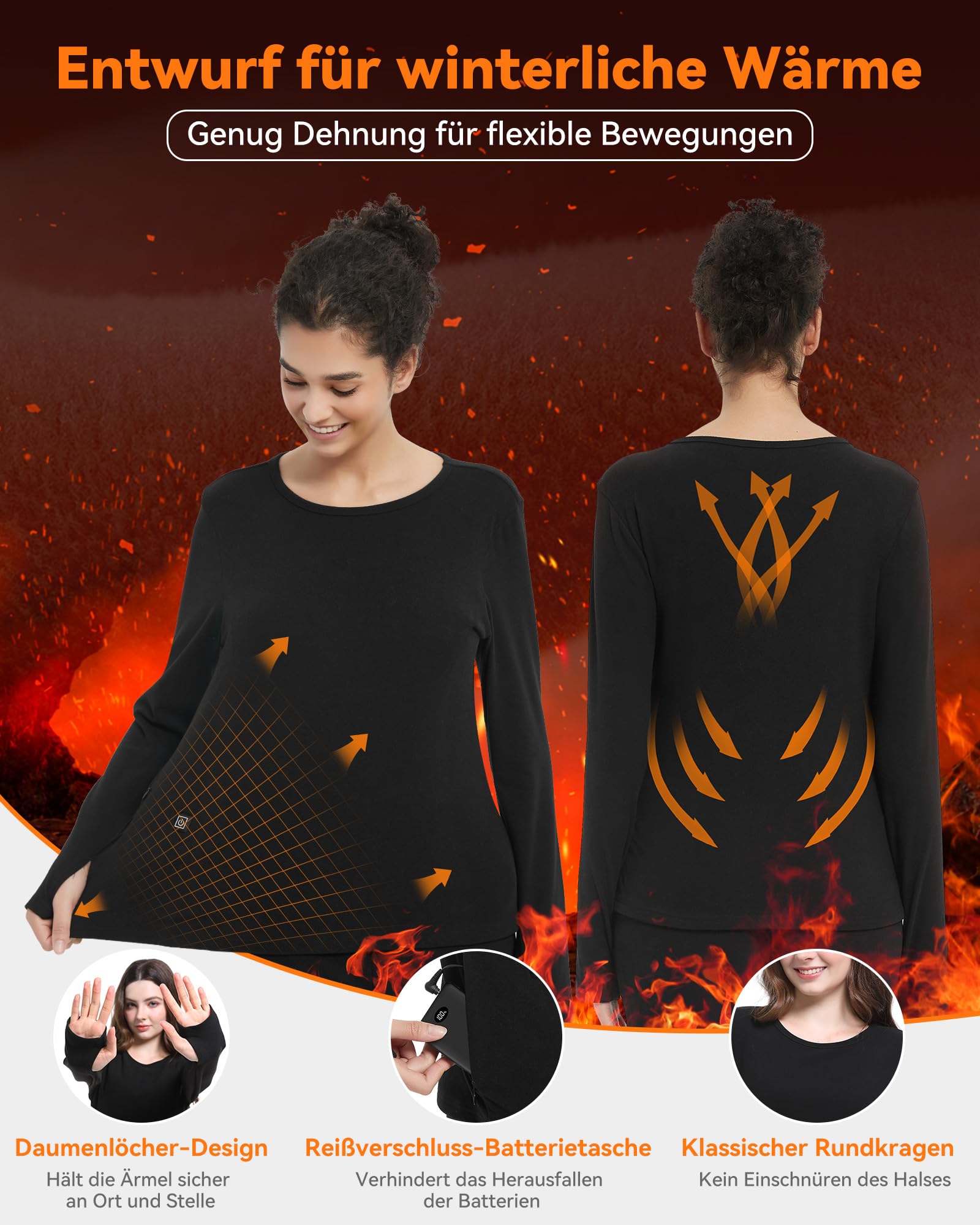 FERNIDA Maglia termica da donna, riscaldata, a maniche lunghe, con batteria da 10000 mAh, con strato termico, per jogging, sci, ciclismo, pesca, moto