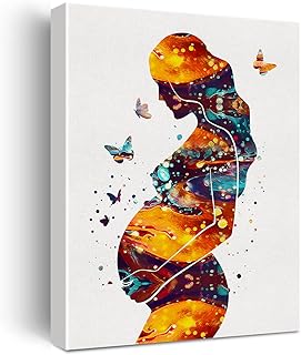 Watercolor Pregnancy Art Canvas Painting Pregnant Woman With Child Prints Medical Art for Home Living Room Wall Decor Framed Obstetrics Artwork Gifts(12x15 Inch)