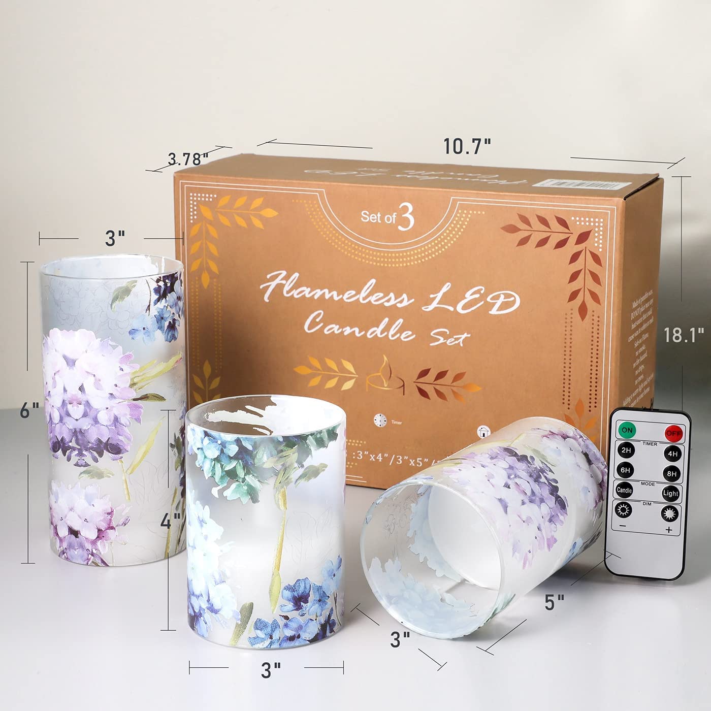 Velas decorativas sin llama, juego de 3 calcomanías de hortensia azul parpadeante con efecto de vidrio, luces de velas con pilas para regalo de Navidad, decoración de boda, hogar