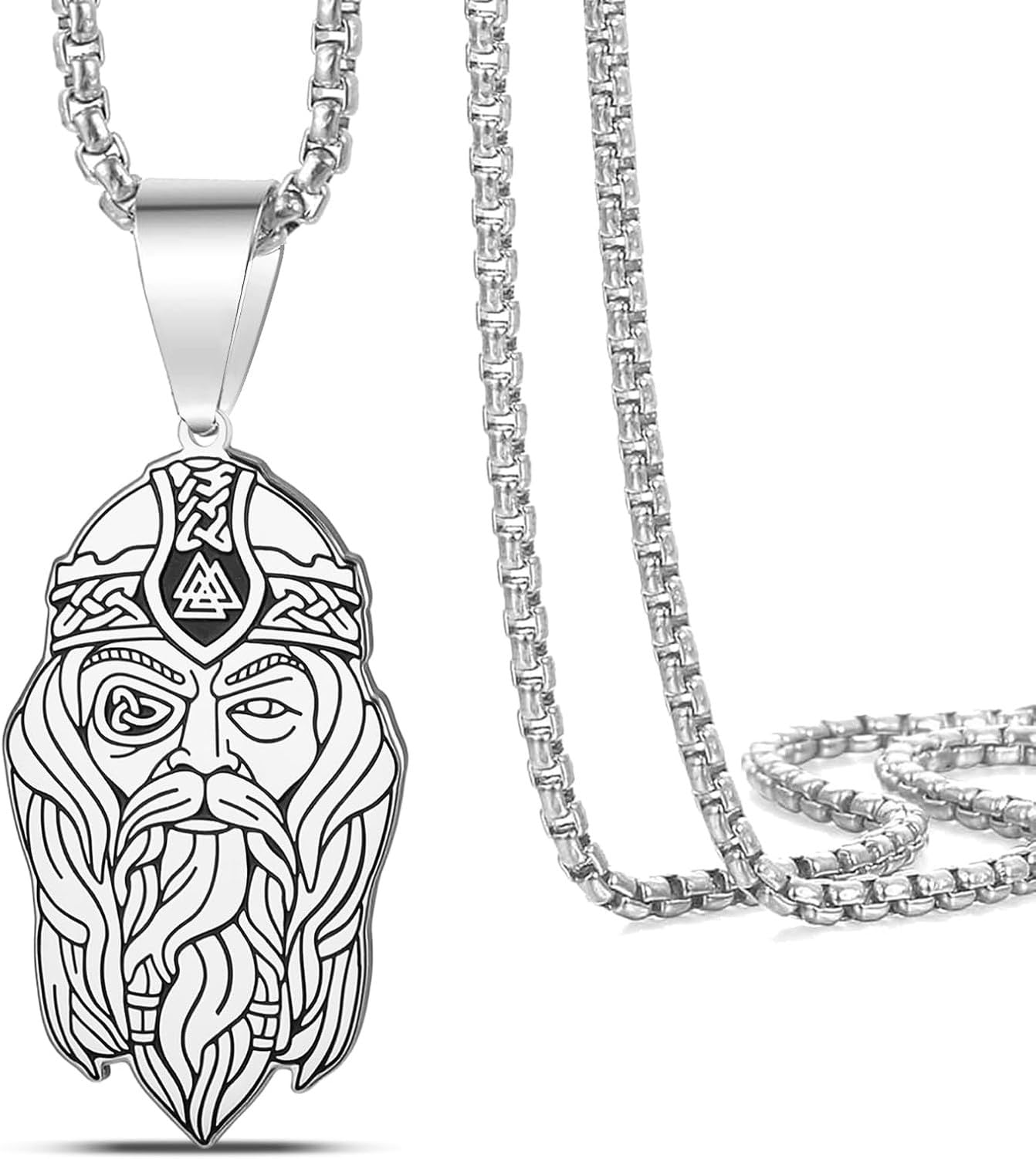 HUGGWRT For Men Women Norse God Odin Necklace Stainless Steel Pendant Viking Valknut Celtic Knot Amulet Norse Mythology Protection Jewelry Gift, Silver 1