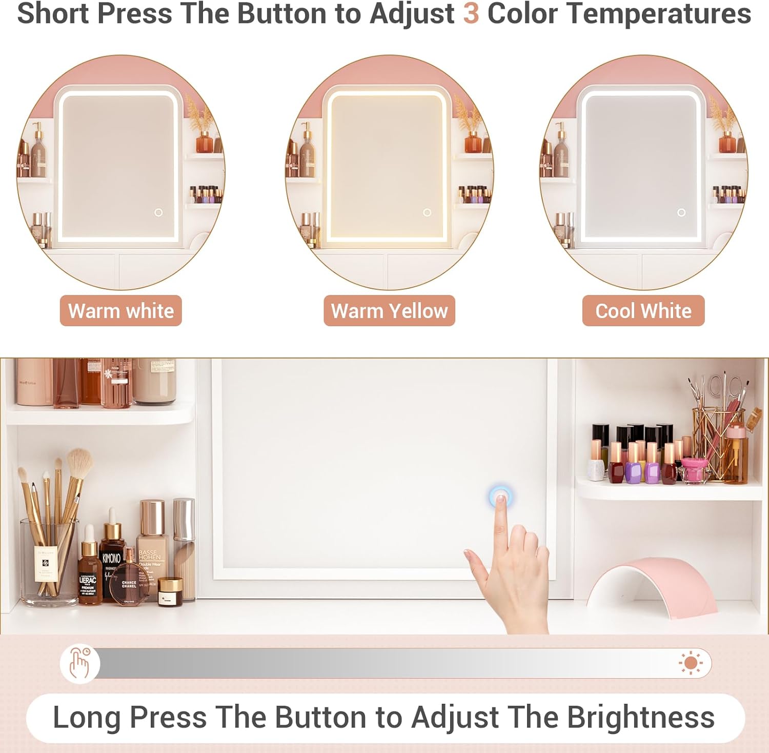 Armocity Vanity Desk with Mirror and Lights, Makeup Vanity with 2 Storage Drawers, Vanity Table Set with 3 Color Lighting Options, Modern Dressing Table with Storage Shelf for Bedroom, White