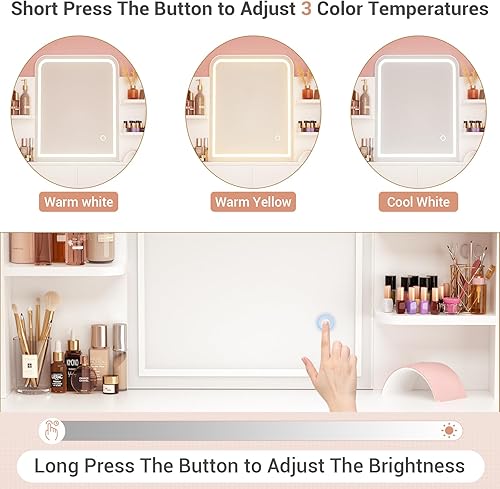 Miniatura 5 de armocity Escritorio de tocador con espejo y luz, tocador de maquillaje con taburete acolchado, juego de mesa de tocador con 3 opciones de