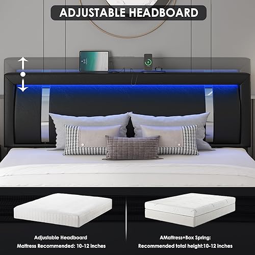 Miniatura 4 de Base de cama de tamaño matrimonial con cabecero de luces LED RGB y 2 cajones de almacenamiento, moderna plataforma inteligente tapizada de piel