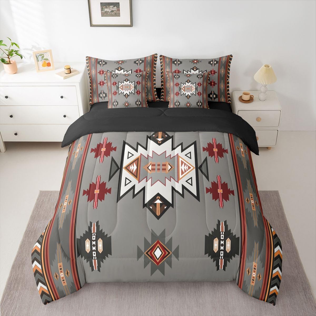 Erosebridal Western Bed in a Bag Queen Comforter Set 7 Piece | Southwest Native Geometric Bedding Sets Exotic Nordic Style Aztec Comforter and Sheet Set, Sriped Triangle Diamond Bed Sets,Grey - Image 6