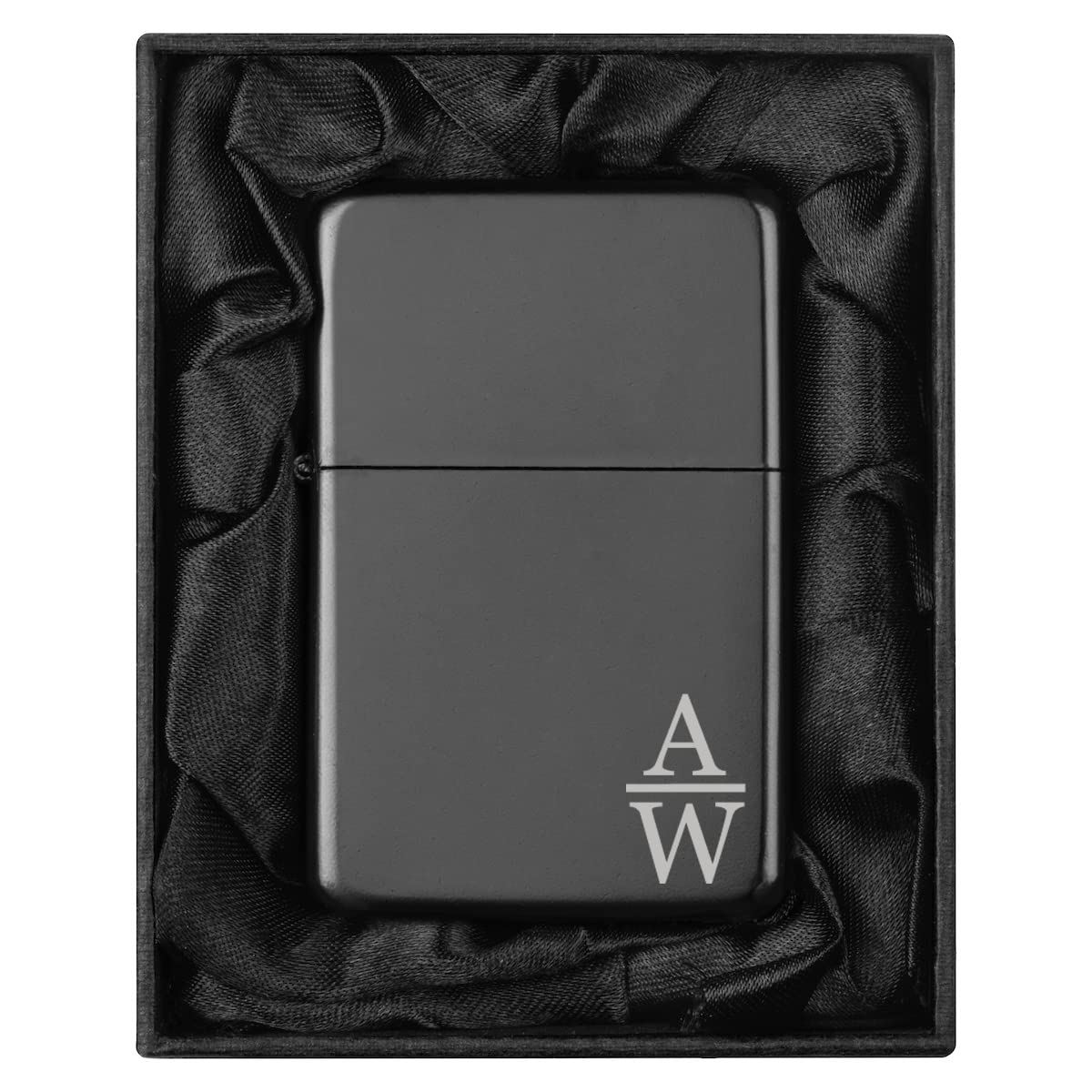 Custom Personalized Engraved Lighter in Black Silk Lined Gift Box (Monogram Initials Line Vertical, Black)
