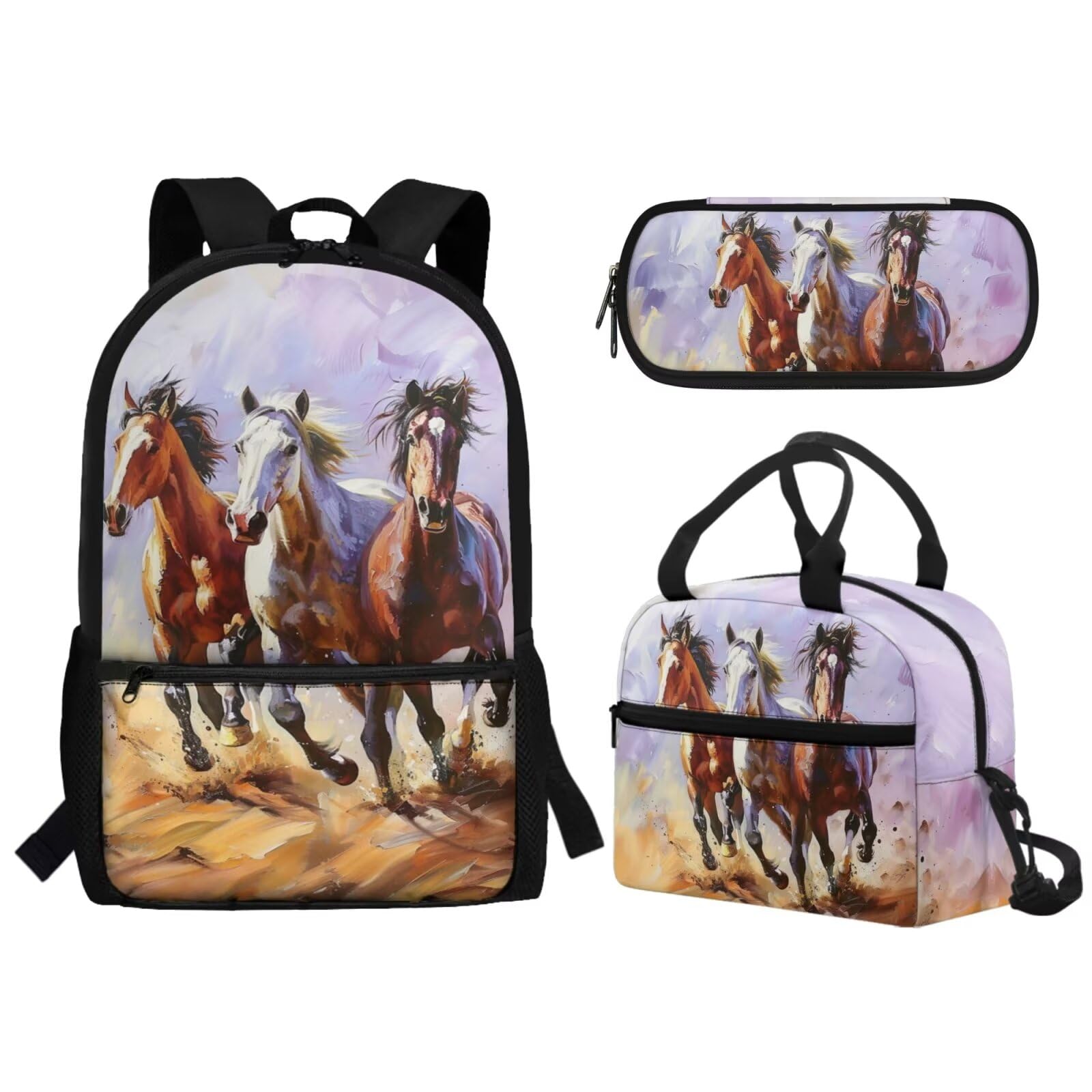 Guosanchn Wild Horse Backpack for School Boys 3 In 1 Primary School Bag and Lunch Bag Set with Pencil Case Elementary Middle Bookbag School Bag Packs for Kids Child Girls Daycare School Satchel
