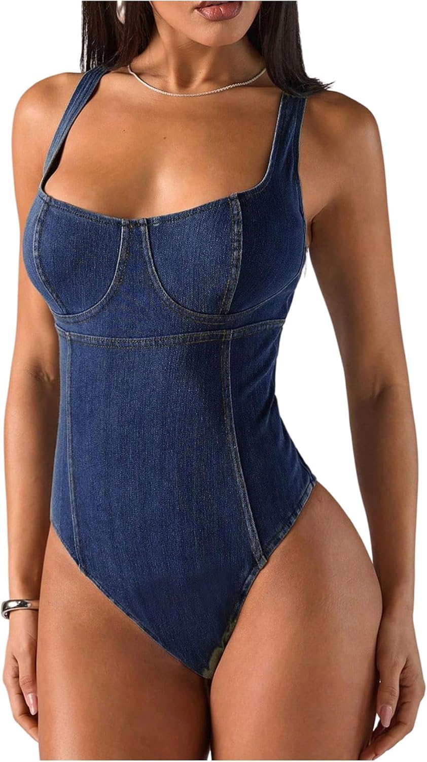 Milumia Women’s Square Neck Denim Bodysuit Sleeveless Backless Summer Tank Tops Leotards