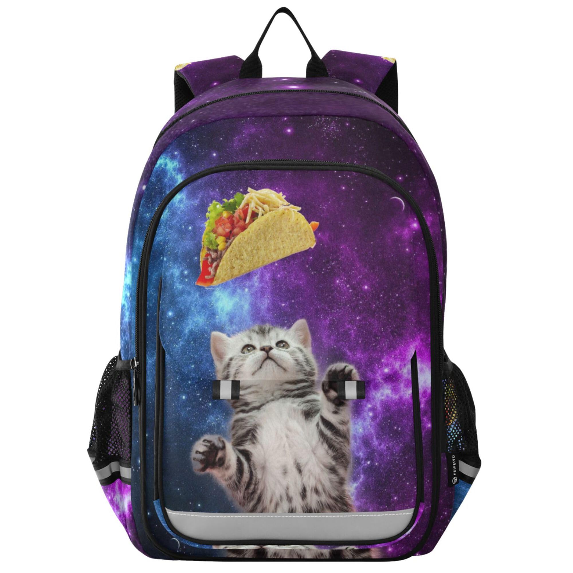 Glaphy Cute Taco Cat Galaxy Backpack School Backpack Lightweight Laptop Notebook Tablet Backpack Student Book Bag with Reflective Stripes