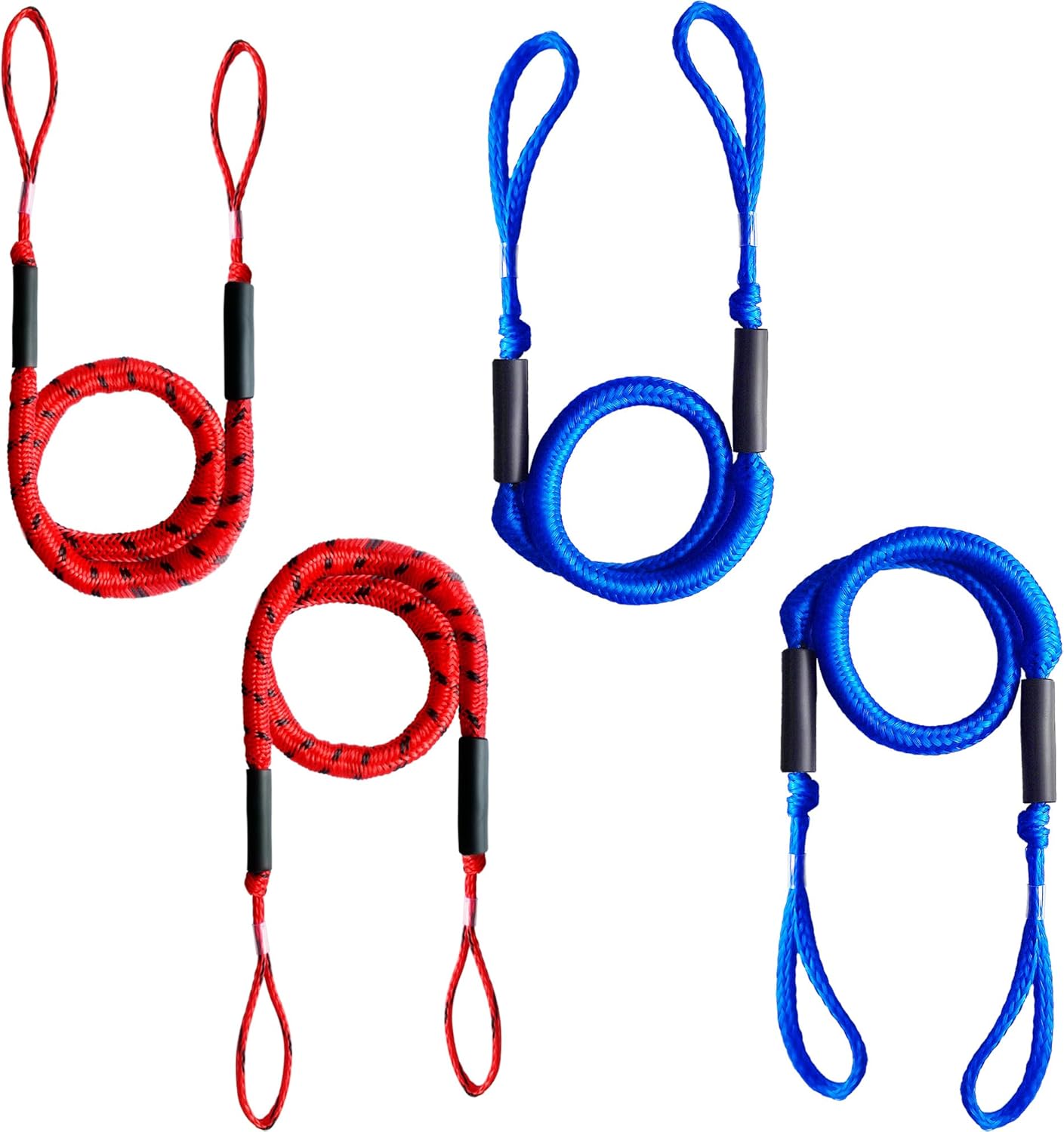 2 Pack Red and Black Dock Line with Bungee Cords and 2 Pack Blue Dock Line with Bungee Cords Bundle,Boating Accessories,Marine Rope for Docking,Jet Ski,Jon Boat