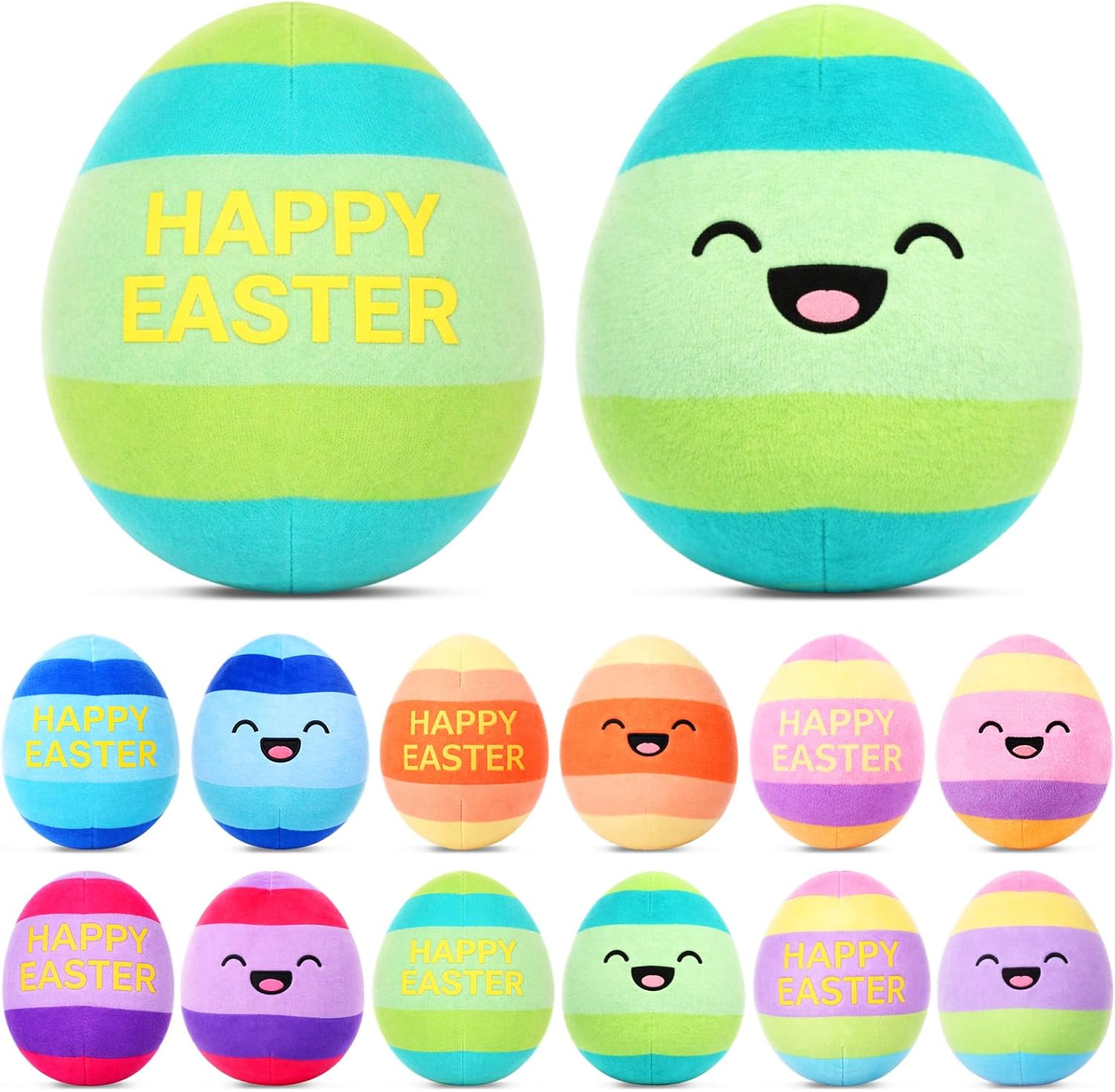 Thenshop 12 Pcs Easter Plush Eggs, Colorful Happy Easter Print Stuffed Eggs, Soft Basket Stuffers Goodie Bags and Party Favors for Hunting Party Favors Gift for Kids