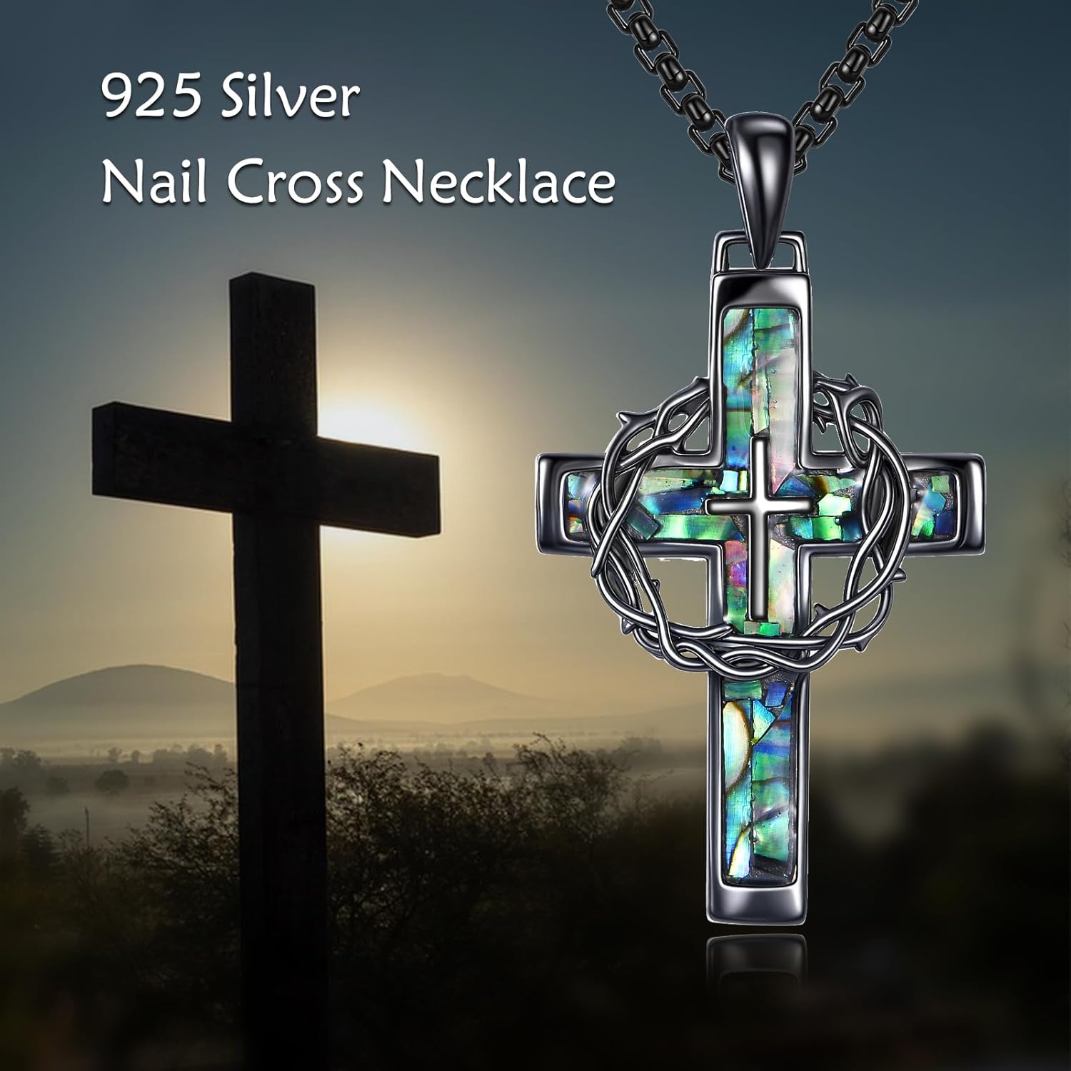 YAFEINI Cross Necklace with Crown 925 Sterling Silver Cross with Crown Necklace Abalone Shell Pendant Christian Jewelry Gifts for Women Men - Image 2