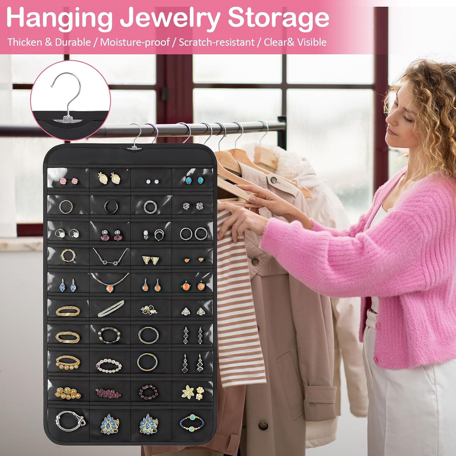 1 Pack Hanging Jewelry Organizer, 80 Clear Pockets Earring Storage