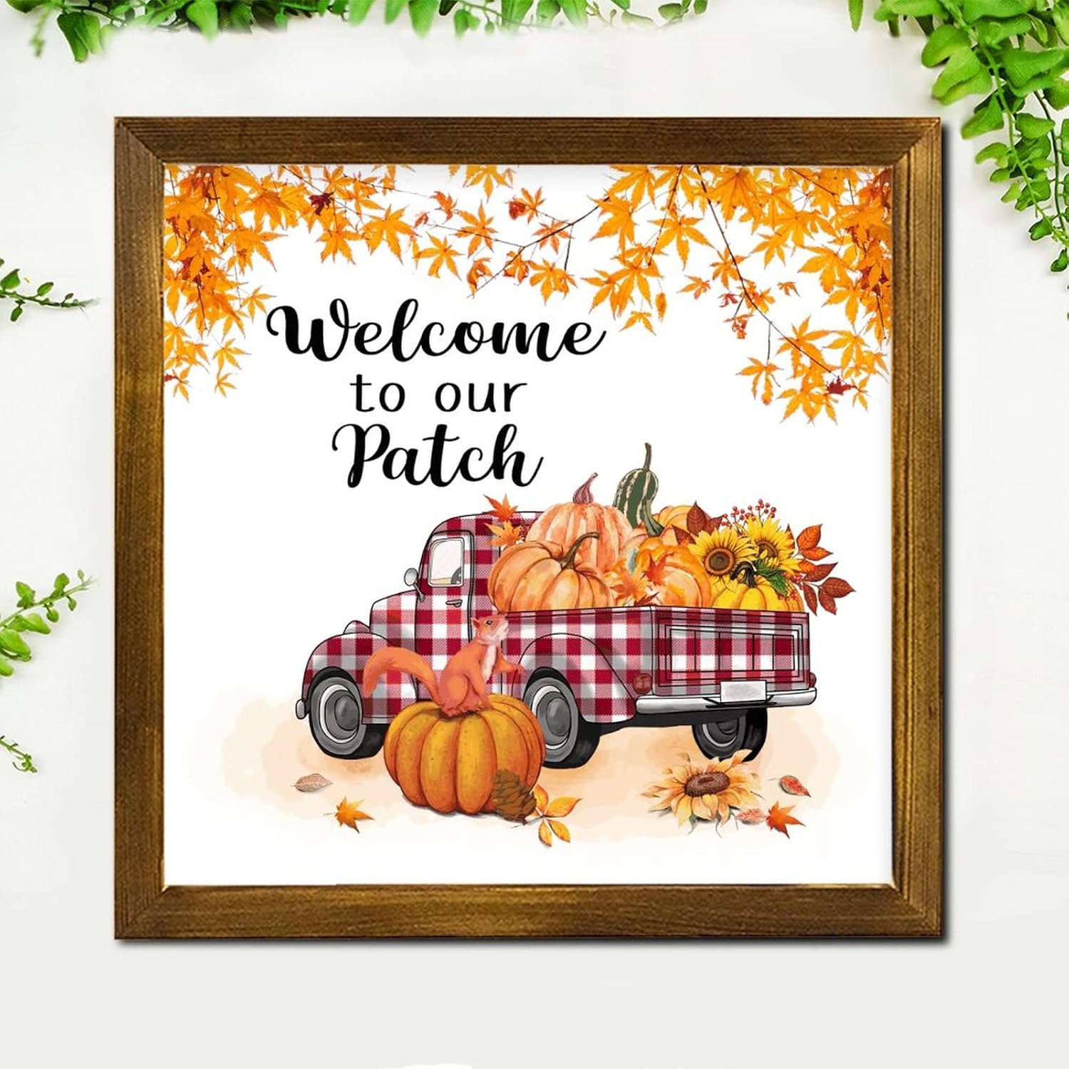 Welcome to Our Patch Plaid Truck Framed Wooden Sign Gnome Pumpkin Sunflower Maple Leaves Hanging Sign Vintage Farm Harvest Home Wall Hanging Sign Decorative for Living Room Wall Home 12x12 inch