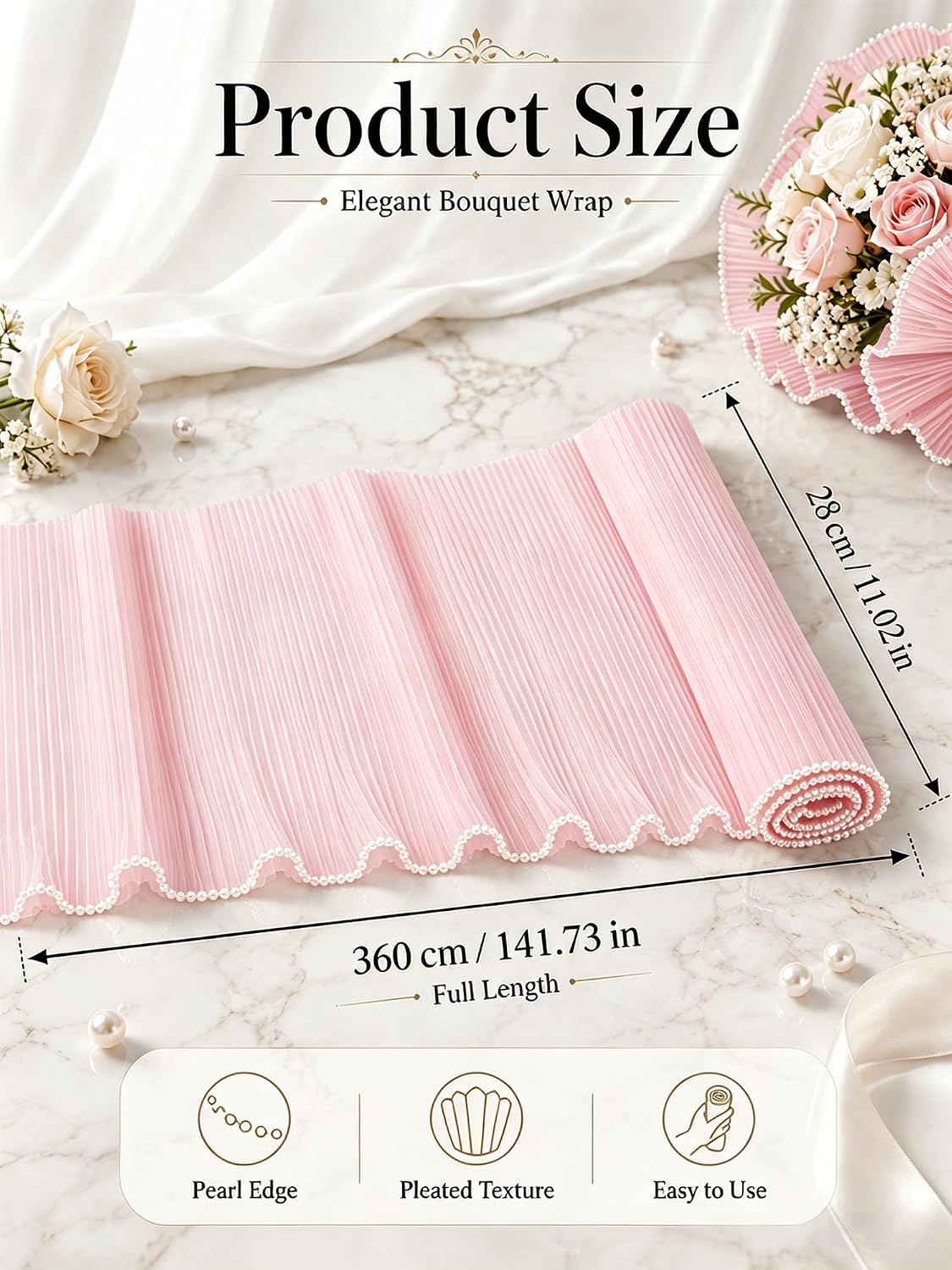 TINGSING 3 PCS Flower Wrapping Paper with Pearl Edge, 4 Yards Wrinkled Translucent Bouquet Wrapping Papers Pink Floral Paper for Party Favor Decor, Florist Supplies, Wedding Gift Packaging