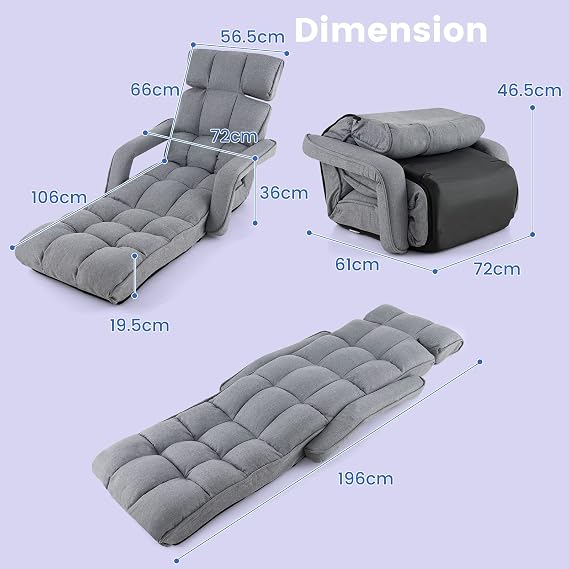 LIFEZEAL Folding Floor Chair Recliner with Armrest & Backrest 6 Positions Adjustable Floor Chair Recliner Chair for Entertainment & Relaxation Gray